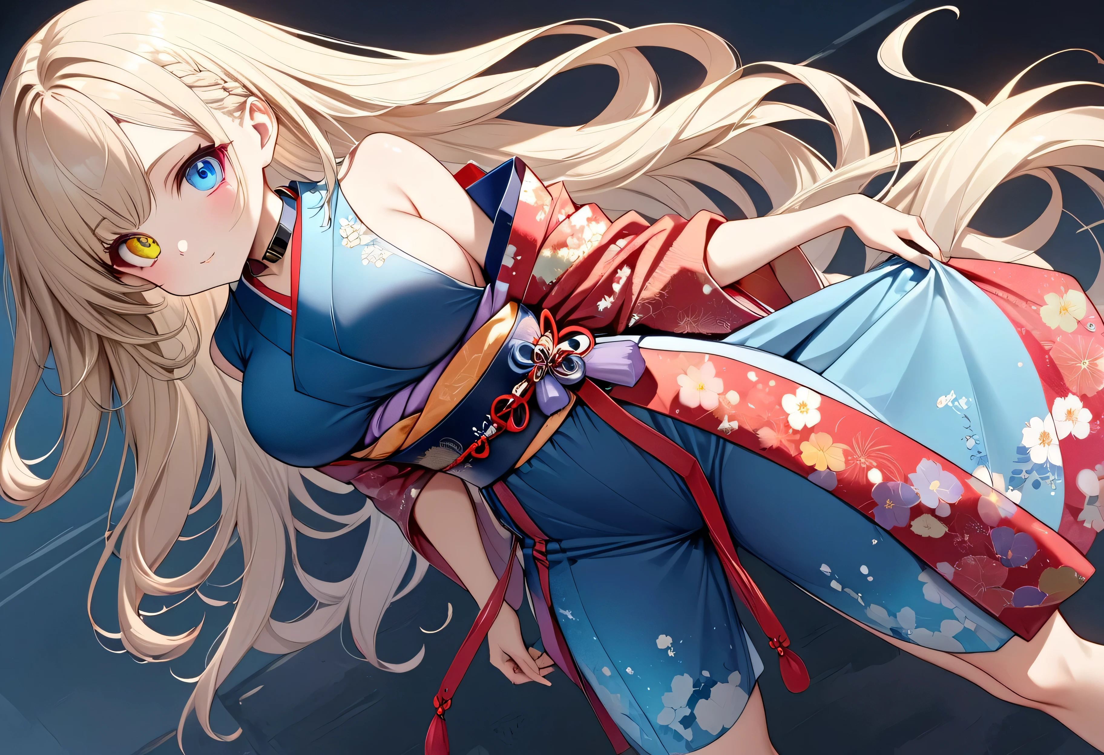  fresh illustration ,
Superfine painting,
 top quality,
 very delicate illustration ,
 Very fine details ,
 beautiful attractive anime style ,
Fascinating anime style ,
 more details,
 with tasteful embroidery on the belt {x} An illustration of a beautiful and sophisticated girl,
 full body view,
Height: 158cm,
Fair skin,
Complete heterochromia,
 large black pupils ,
 beautiful eyes,
Shiny super long hair ,,
 Hairstyle Random ,
Hair color is random,
 The hair has gradation ,
 pretty and cute face ,
Cheeks are ruddy,
Lowering the eyebrows,
 since age 27,
The upper half of the body is in a traditional Japanese kimono,
Kimono colors and patterns are random ,
 lower body Nadres ,
 the color of the belt with your kimono ,
 The belt has a gradation ,
 fine fabric clothing ,
Shoulder-width narrower shoulders,
mega breasts,
Isometric,
Golden Ratio,
I'm wearing padded collar innerwear,
Match the location and weather ,,
 tactical use of shadows ,
 The circle of hair and head does not show the angle of view,
Clothes don't show the angle of view ,
Standing,
Long Shot,