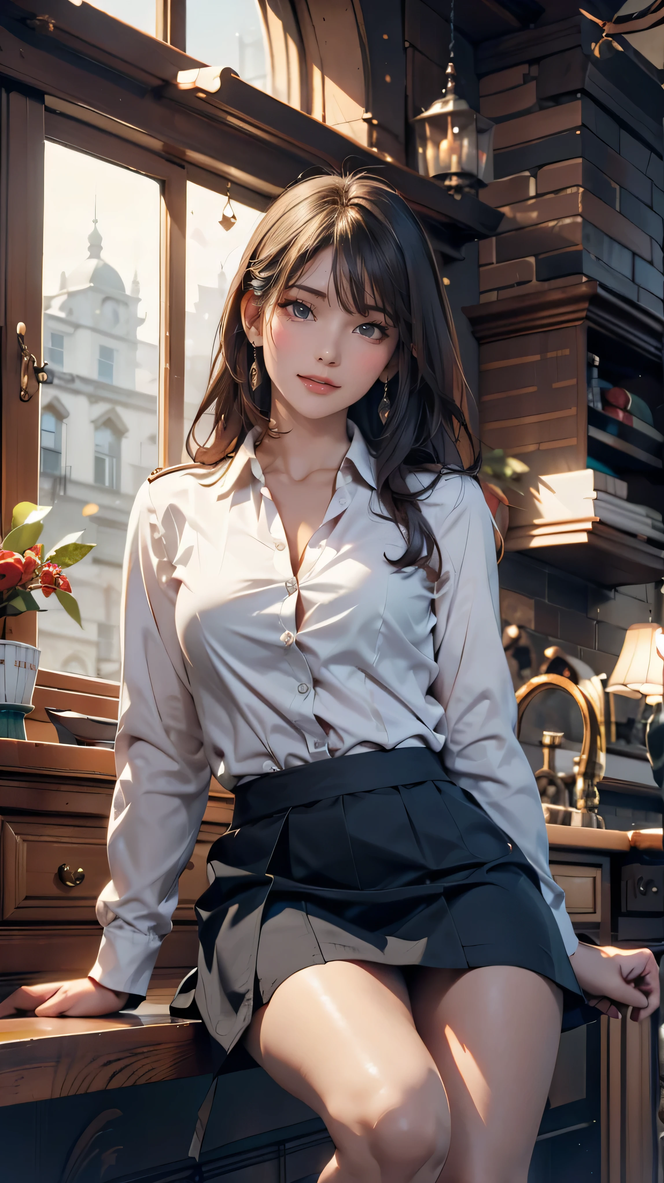 (( Masterpiece , top quality)), ( 1 girl in uniform ), (Alone), ( for women), ( , Gray Hair , touch very long hair ), golden eyes, Clear Smile】】, open your mouth, (( white shirt), ( buttoned shirt to sit in a building), (Gap Button)), (( black skirt ), ( short skirt )), is standing, White , arm behind back , dynamic angle、 Santa Claus cosplay