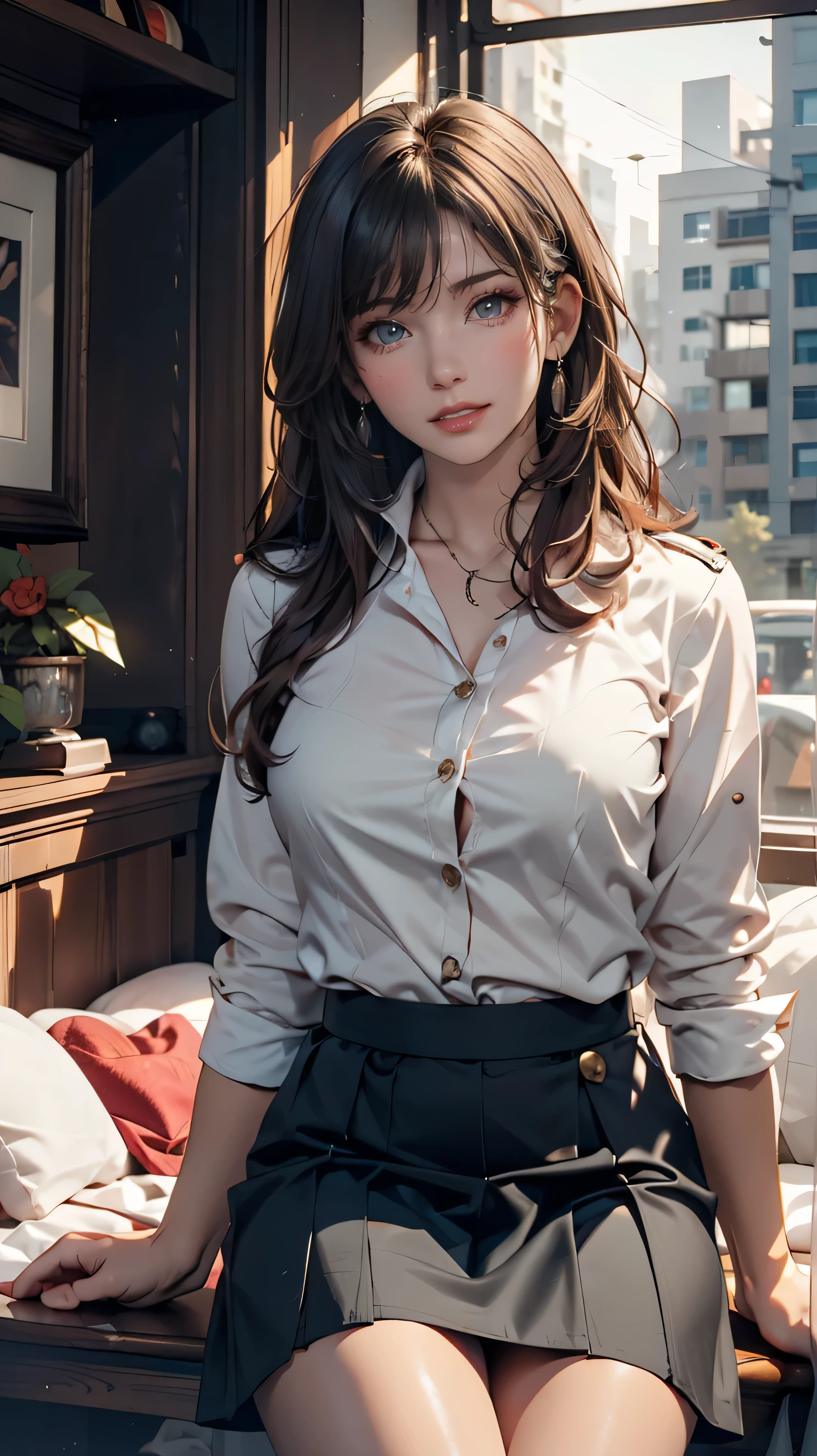 (( Masterpiece , top quality)), ( 1 girl in uniform ), (Alone), ( for women), ( , Gray Hair , touch very long hair ), golden eyes, Clear Smile】】, open your mouth, (( white shirt), ( buttoned shirt to sit in a building), (Gap Button)), (( black skirt ), ( short skirt )), is standing, White , arm behind back , dynamic angle、 Santa Claus cosplay