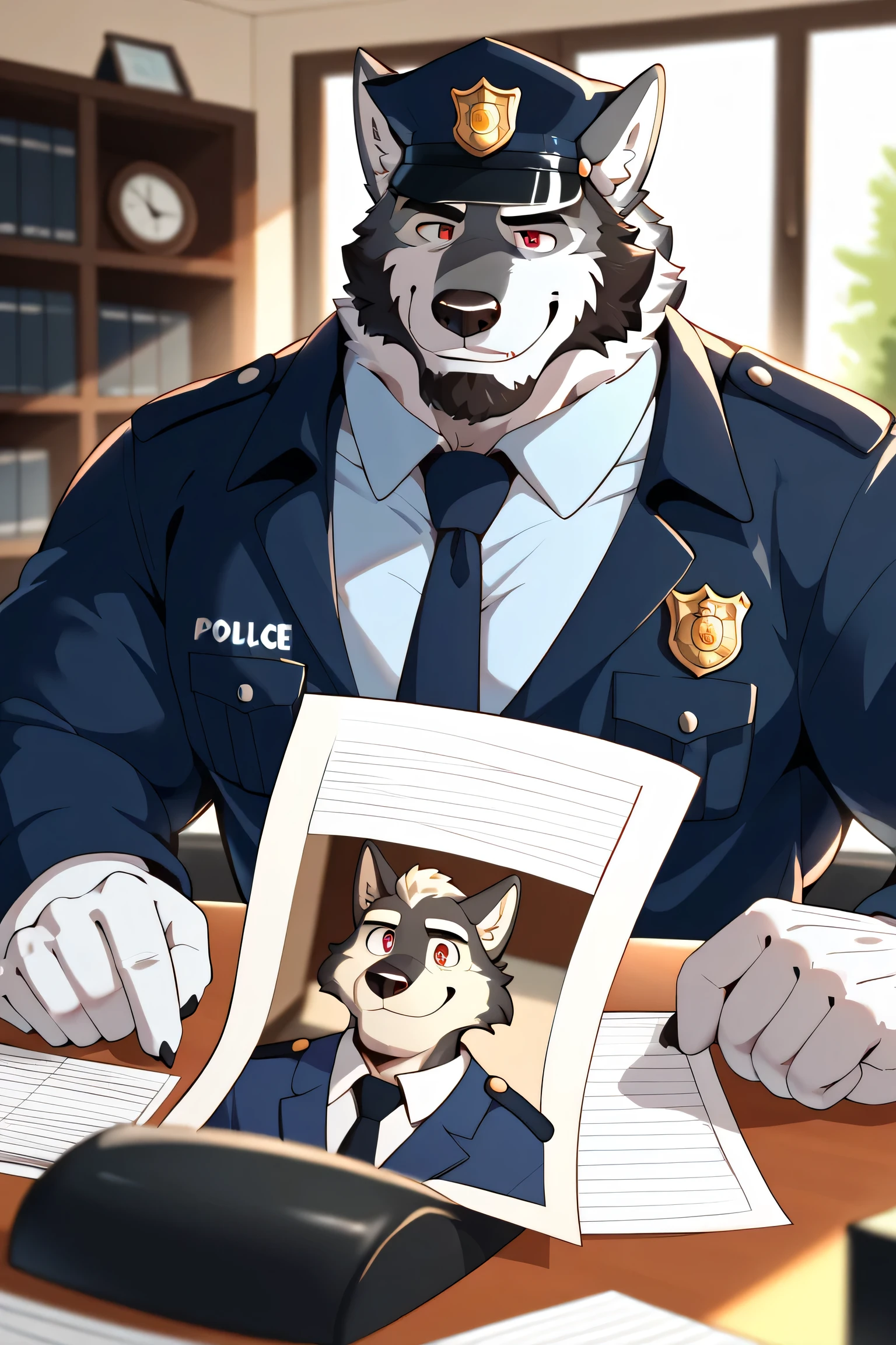 Double, wolf, black fur, mature ,man, Very strong body , furry , pectoralis major muscle,Red pupil,police,Pure black ,black police cap, wear formal, mature male,Chief ,lead,Majestic,father, black fur all over,elder , black beard,Majesty temperament,Red Eyes, Black beard, early morning,office, At work, guides his subordinates to work ,sunny, best quality, Smile,Happy, Super Detailed,background, masterpiece, Depth of Field,Father and Son, The son is young , The father is happy , Father and Son meet , The son is a student ,Father is Chief