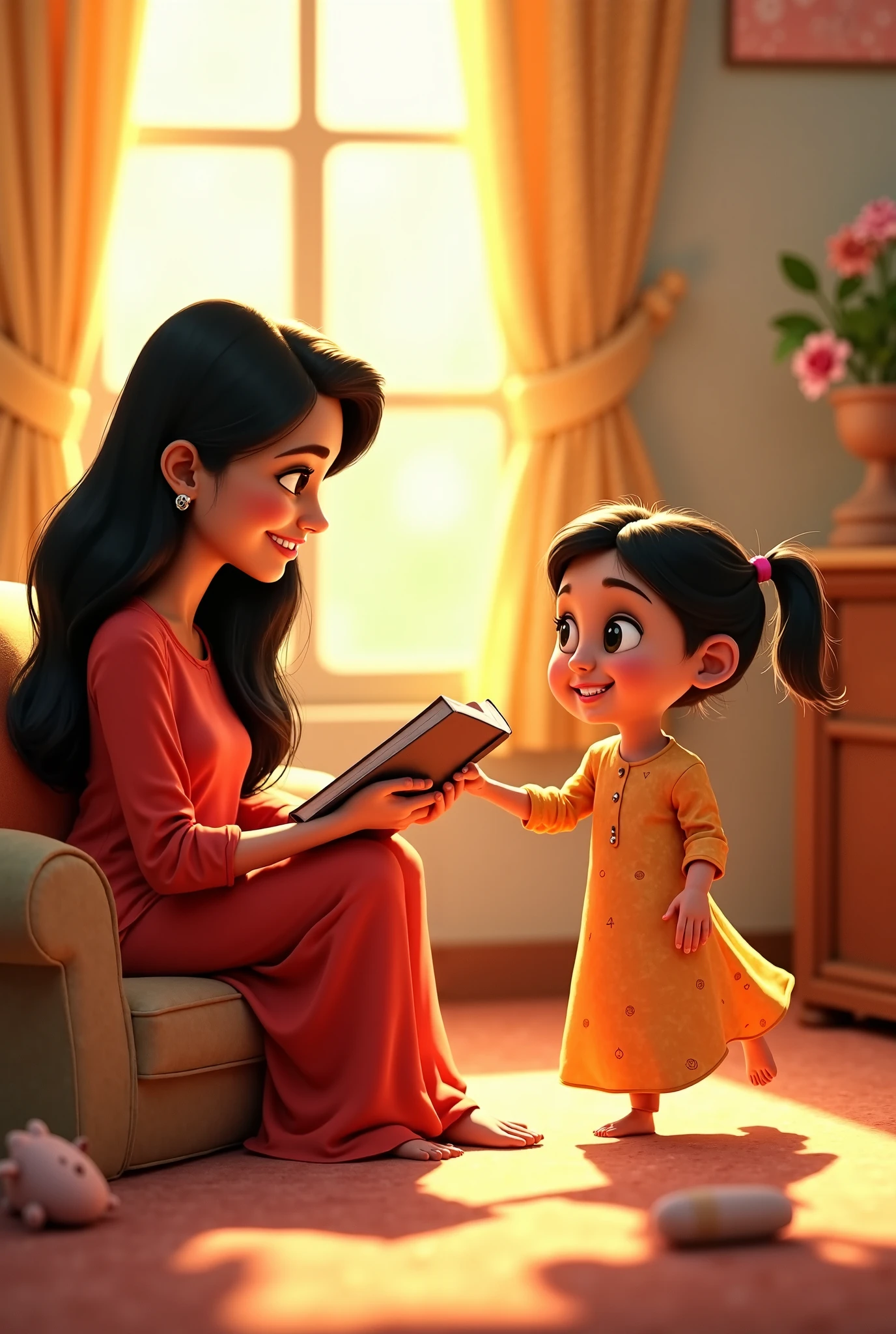 A cozy room in Pixar-style animation with warm, soft lighting. A tall, 26-year-old woman named Maham sits on a cushioned couch, reading a book. She wears a flowing shalwar kameez and has long, shiny black hair cascading down her shoulders. Her expression is warm and inviting. A ****-****-*** girl, Ayat, with chubby cheeks, sparkling eyes, and shoulder-length hair tied in two cute ponytails, runs toward her with arms wide open. Toys and cushions are scattered around, and sunlight filters through the window.