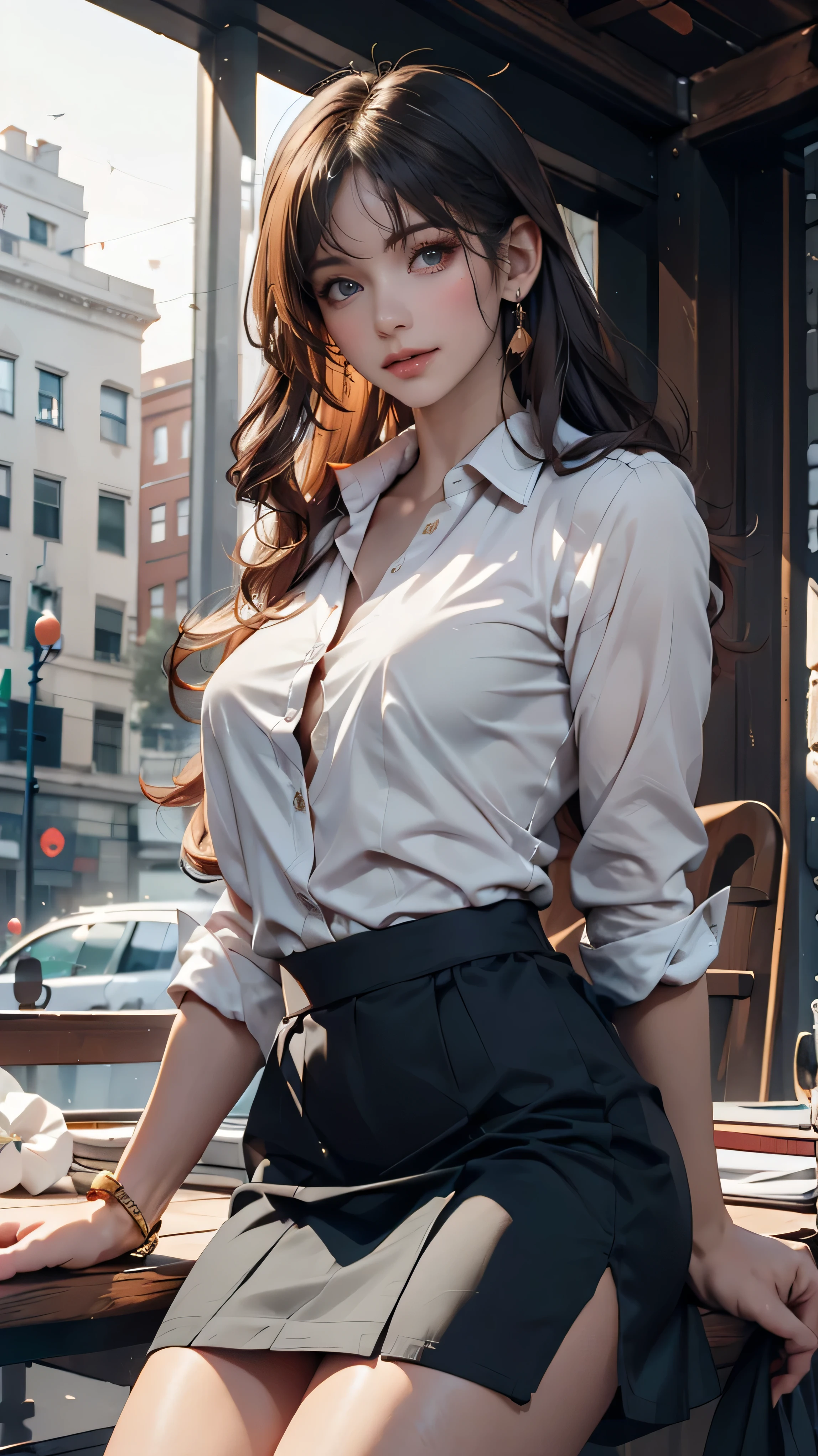 (( Masterpiece , top quality)), ( 1 girl in uniform ), (Alone), ( for women), ( , Gray Hair , touch very long hair ), golden eyes, Clear Smile】】, open your mouth, (( white shirt), ( buttoned shirt to sit in a building), (Gap Button)), (( black skirt ), ( short skirt )), is standing, White , arm behind back , dynamic angle、 Santa Claus cosplay