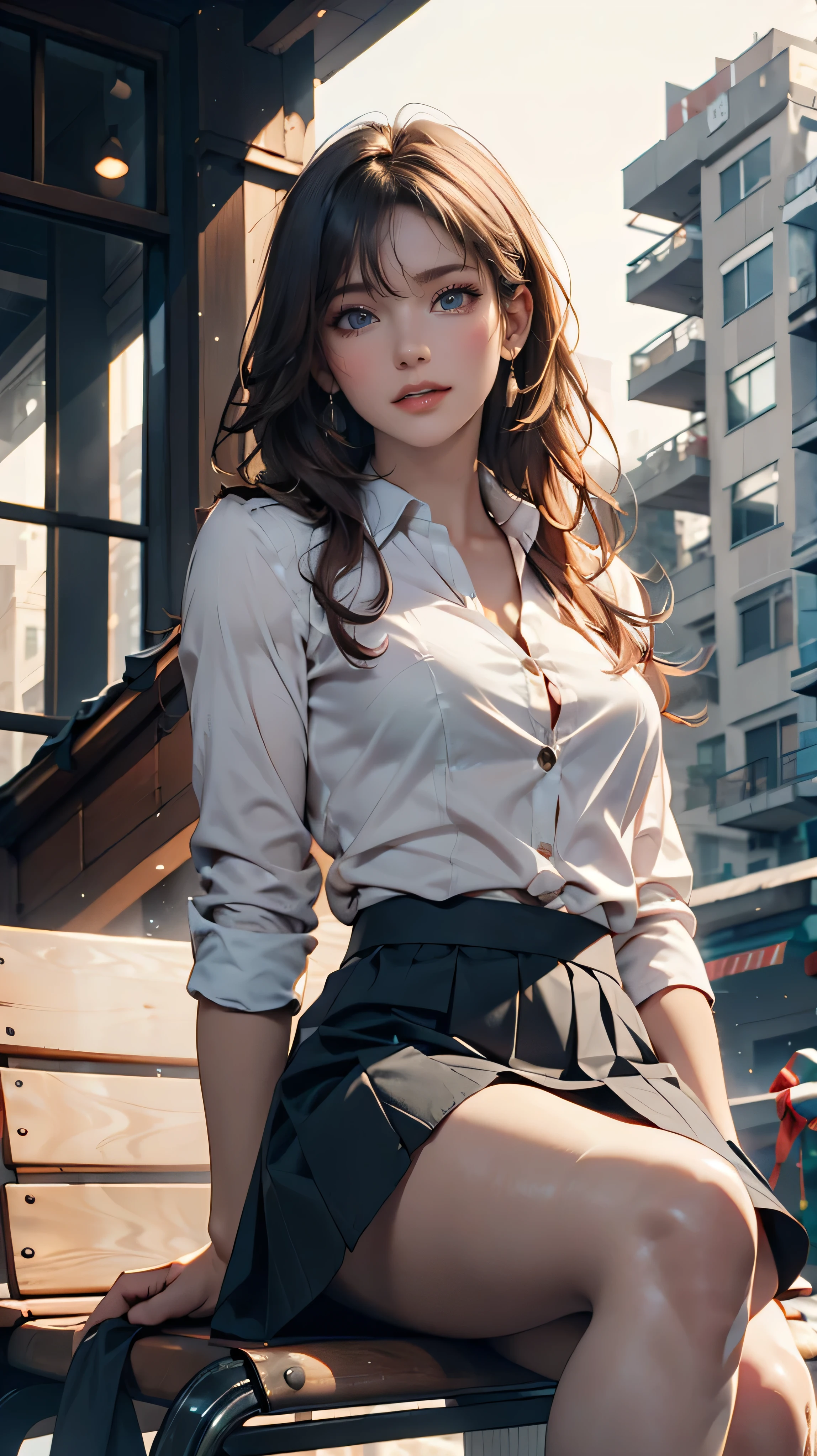 ((A beautiful and cute woman is standing on the terrace)), ((22-year-old beauty)), ((charming smile)), ((her long hair is blowing in the wind)), ((her miniskirt is It's waving in the wind)), (( You can see the cleavage of her plump bust from the blouse)), ((Gradient eyes)), ((The background is a night view of the city)), Attractive makeup, Single view, NFFSW , UHD, Retina, Masterpiece, Accurate, Anatomical, Scientifically Correct, Textured Skin, Super Detail, High Detail, High Quality, Award Winning, Top Quality, High Resolution, 1080P, HD, 4K, 8k, 16k