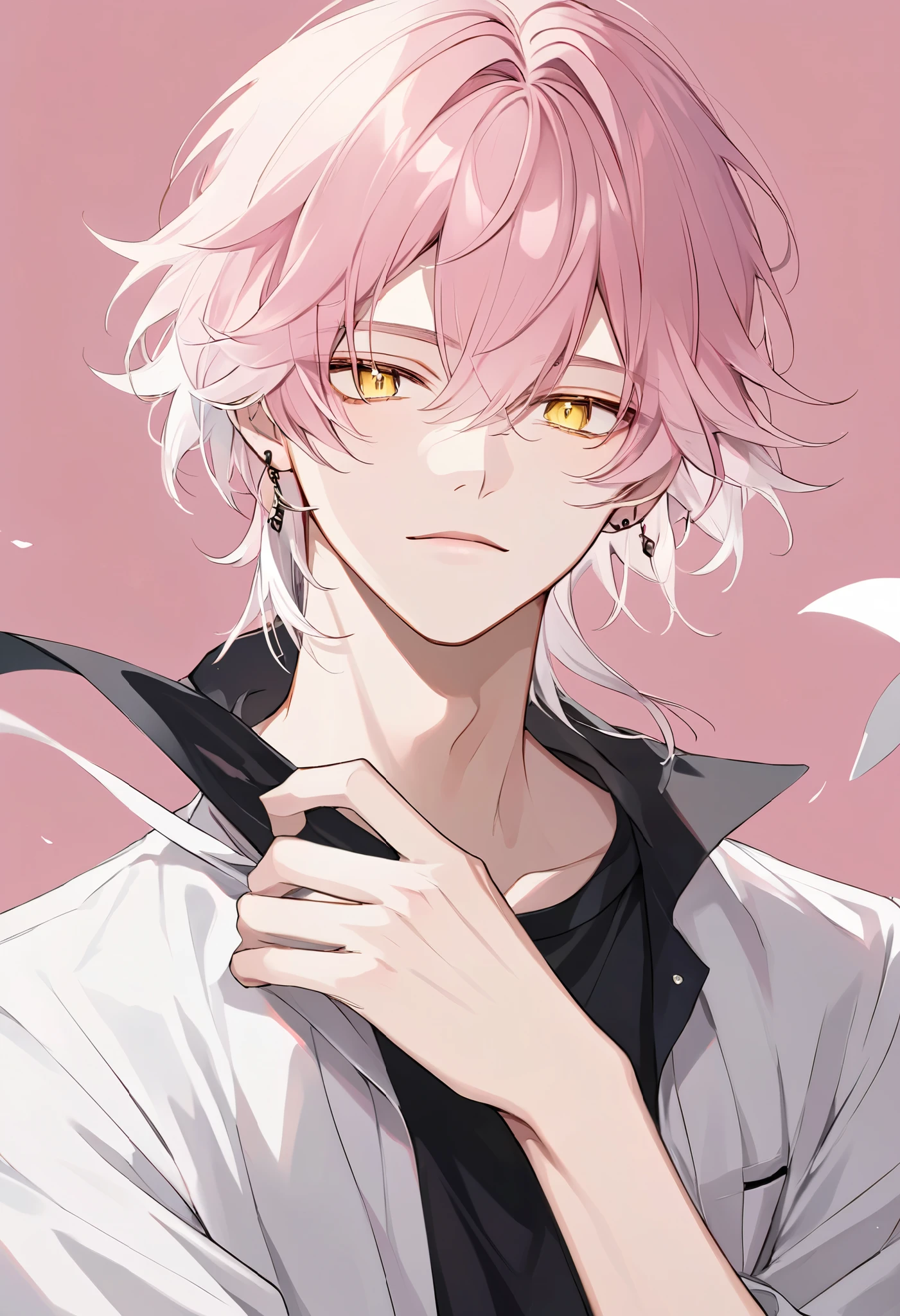 solo, handsome, 1 male, medium light pink hair, white hair, yellow eyes, white shirt, black shirt