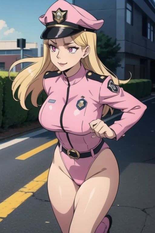 Selene, ftselenecas, long hair, blonde hair, pink eyes, mature female, large breasts, BCop, belt, policewoman, leotard, police hat, peaked cap, calm smile, running