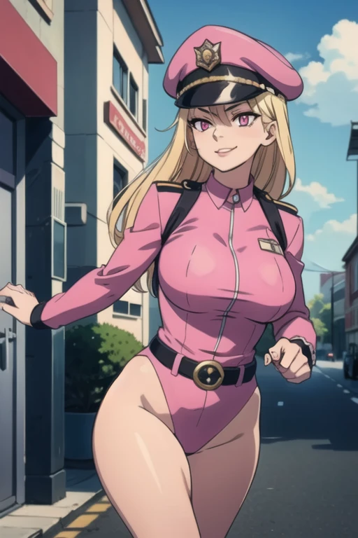 Selene, ftselenecas, long hair, blonde hair, pink eyes, mature female, large breasts, BCop, belt, policewoman, leotard, police hat, peaked cap, calm smile, running