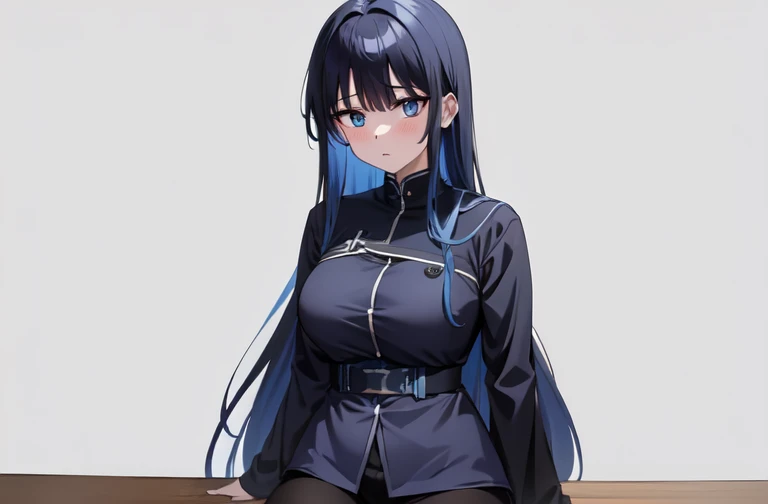 1 girl, alone,  Zaorijomae , Saori Joumae,  blue eyes , Blue hair, radius, Long hair,  High Neck Black Jacket,  black pants , Cursed Energy ,  Japanese School 