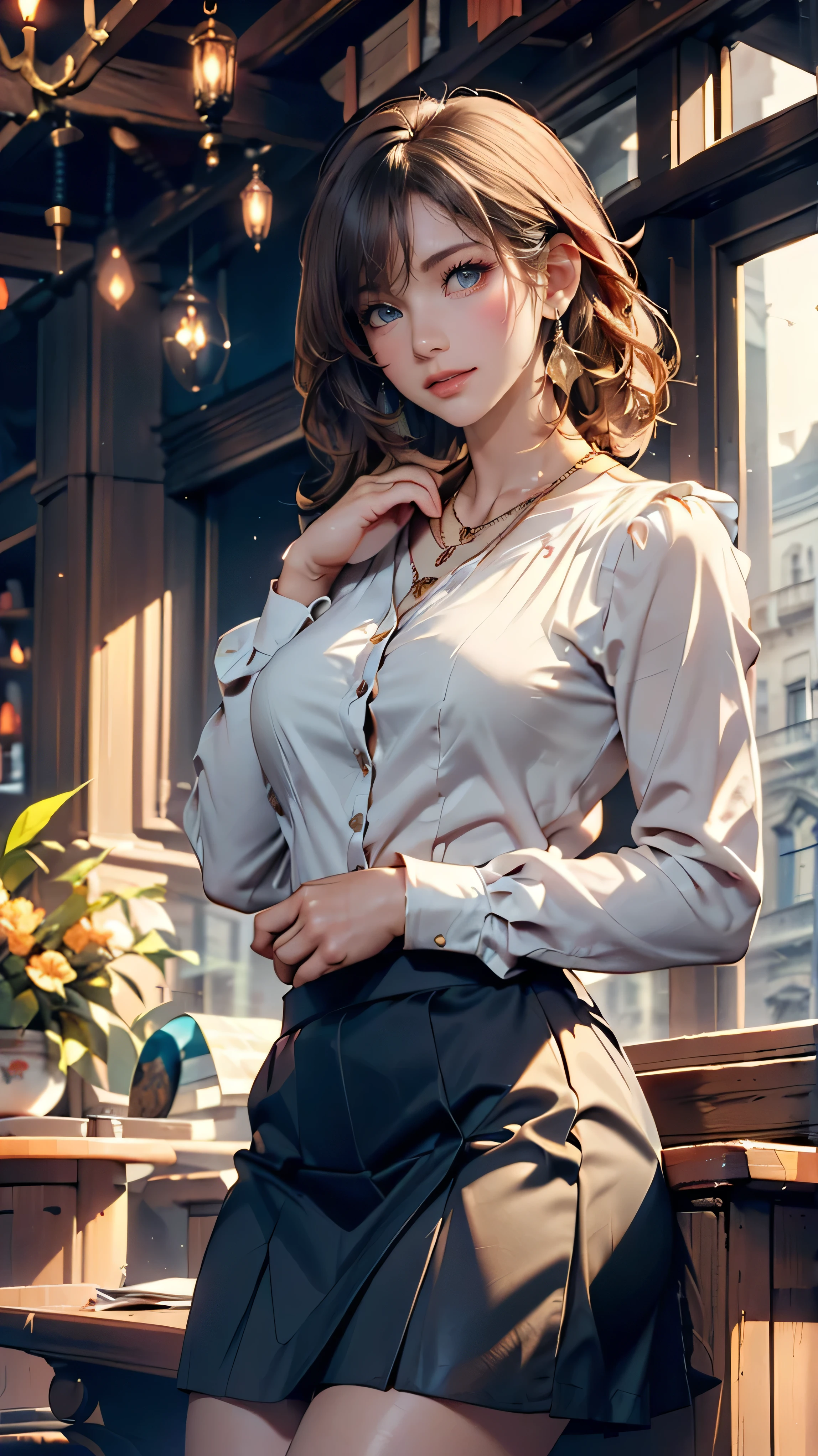 (( Masterpiece ,  top quality)), (  1 girl in uniform ), (Alone), (  for women), ( , Gray Hair , Very long brown hair),  golden eyes, Clear Smile】】,  open your mouth, (( silk white shirt with ruffles), ( buttoned shirt to sit in a building), (Gap Button)), ((blue skirt ), (  short skirt )),  is standing, White ,  dynamic angle、 ((Place your left hand gently on your chin:1.5))((gold necklace_Large earrings:1.2)),((standing gracefully:1.6))