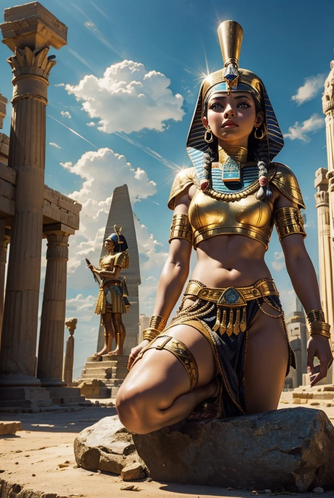 Masterpiece, highest quality, 8K, very detailed Cleopapa, full body portrait, tall, long legs, thin and tall, perfect proportions, thin face, realistic, correct anatomy, cold, sexy, desert, pyramid background, magnificent, atmospheric, majestic