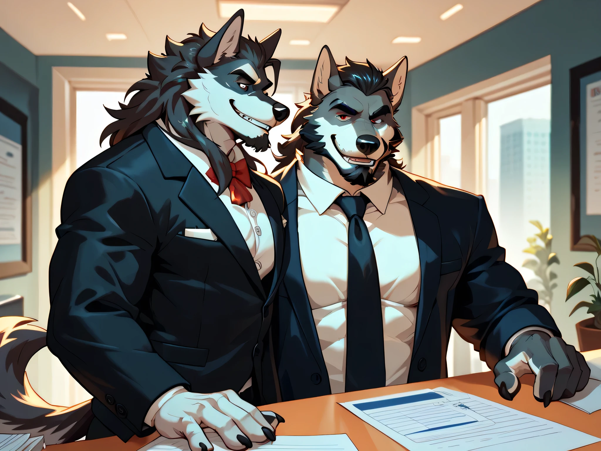 unique , furry , Wolf, Muscular , black and white fur, dark haired , male, Red Eyes,,black,Formal, mature ,Father, Blackbeard, Strong , pectoralis major muscle,Vicious , Smile,lead,Chief ,early morning,Office work ,Sunny