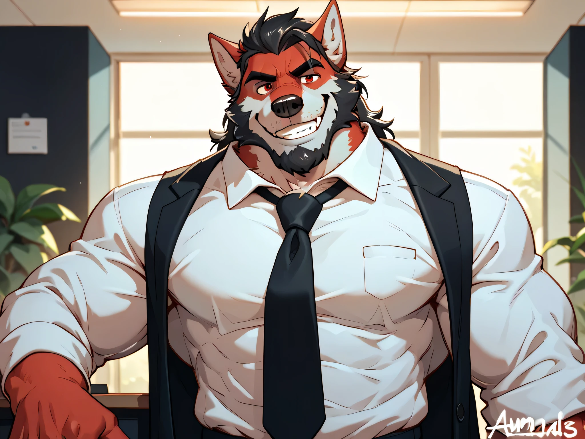 unique , furry , Wolf, Muscular , black and white fur, dark haired , male, Red Eyes,,black,Formal, mature ,Father, Blackbeard, Strong , pectoralis major muscle,Vicious , Smile,lead,Chief ,early morning,Office work ,Sunny