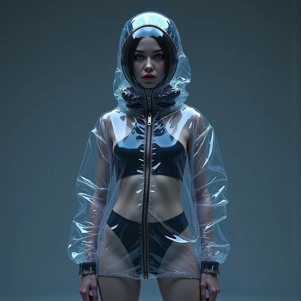 a glossy skintight see-through vacbag, transparent bagging the faceless head of a see-through pufferjacketed standing faceless slim girl, androgynous, detailed facial features, realistic skin, exquisite details, 8k, ultra-detailed, hyper-realistic, photo-realistic, cinematic lighting, dramatic lighting