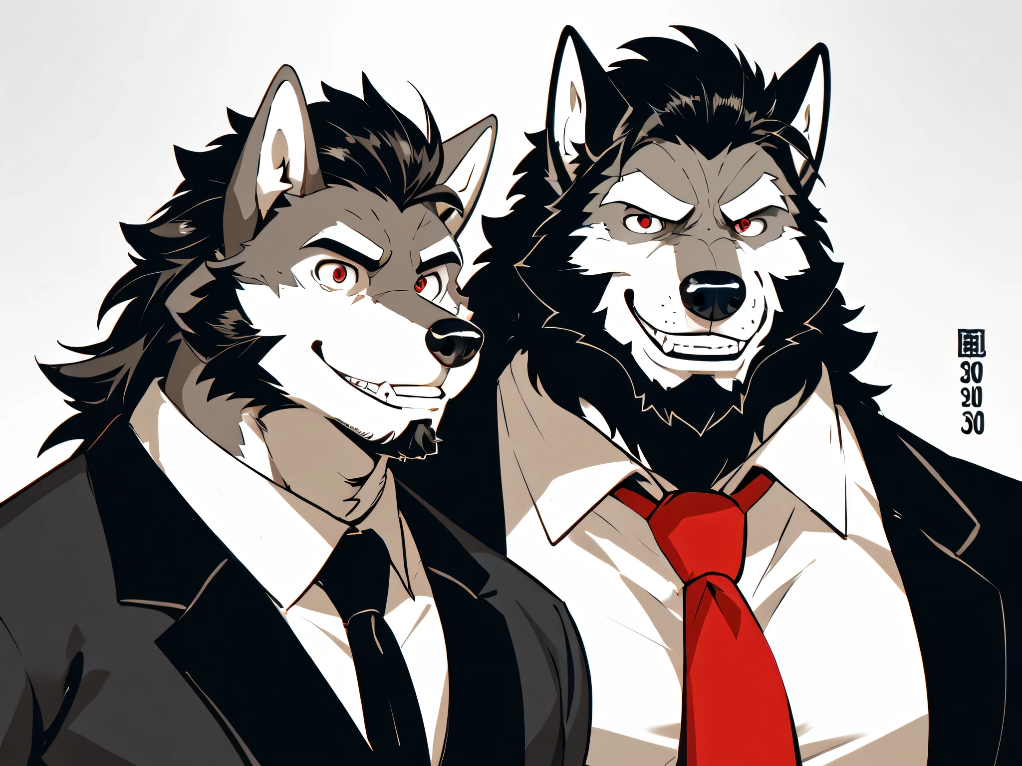 Single, furry , wolf, Muscular , black and white fur , dark haired , male, Red Eyes,,black,formal, mature ,Father, Blackbeard, Strong , pectoralis major muscle,vicious , Smile,lead,Chief , Work at The One with Fine Weather,The one with fine weather