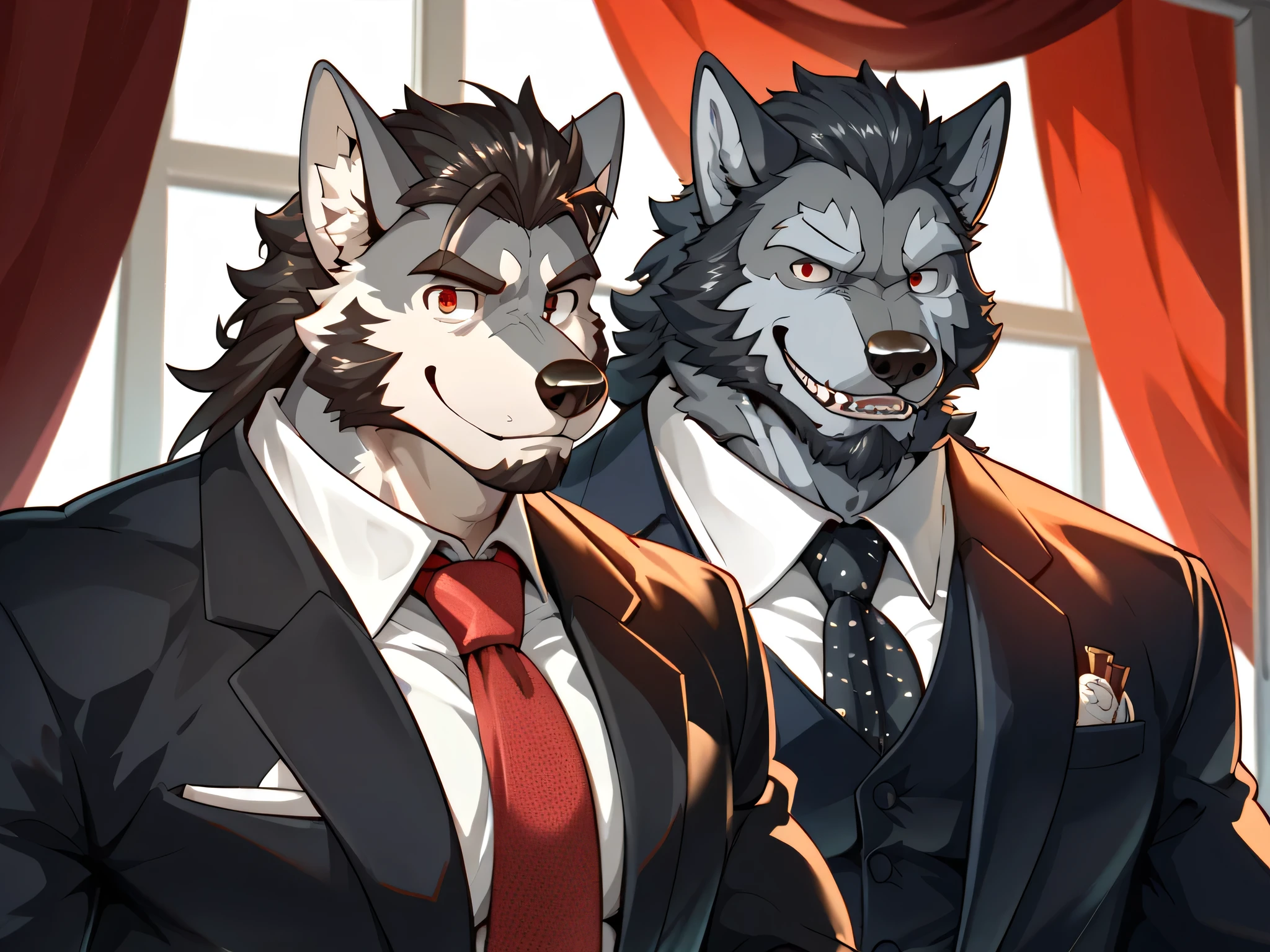 Single, furry , wolf, Muscular , black and white fur , dark haired , male, Red Eyes,,black,formal, mature ,Father, Blackbeard, Strong , pectoralis major muscle,vicious , Smile,lead,Chief , Work at The One with Fine Weather,The one with fine weather