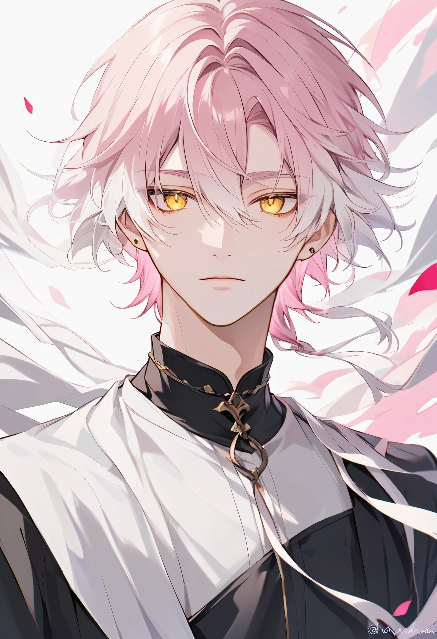 solo, handsome, 1 male, medium light pink hair, white hair, yellow eyes, white shirt, black shirt