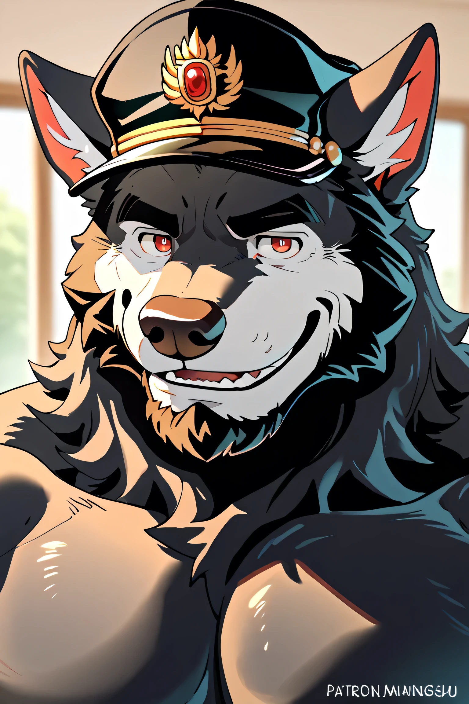  Unique , wolf,   black fur ，  mature ，man,  Very suitable for,   furry  ,  Pectoralis major，Red pupil，，Pure black  ，black  cap,   wear formal attire ， naked upper body，  mature male，Chief ，lead，majestic，Father， total volume is black fur ，Elders ， Blackbeard， majestic temperament  ，Red Eyes, Blackbeard,  office, At work ， sunshine,   best quality,   Smile， happy ，  Super Detailed  , close-up，background,   masterpiece, Depth of Field