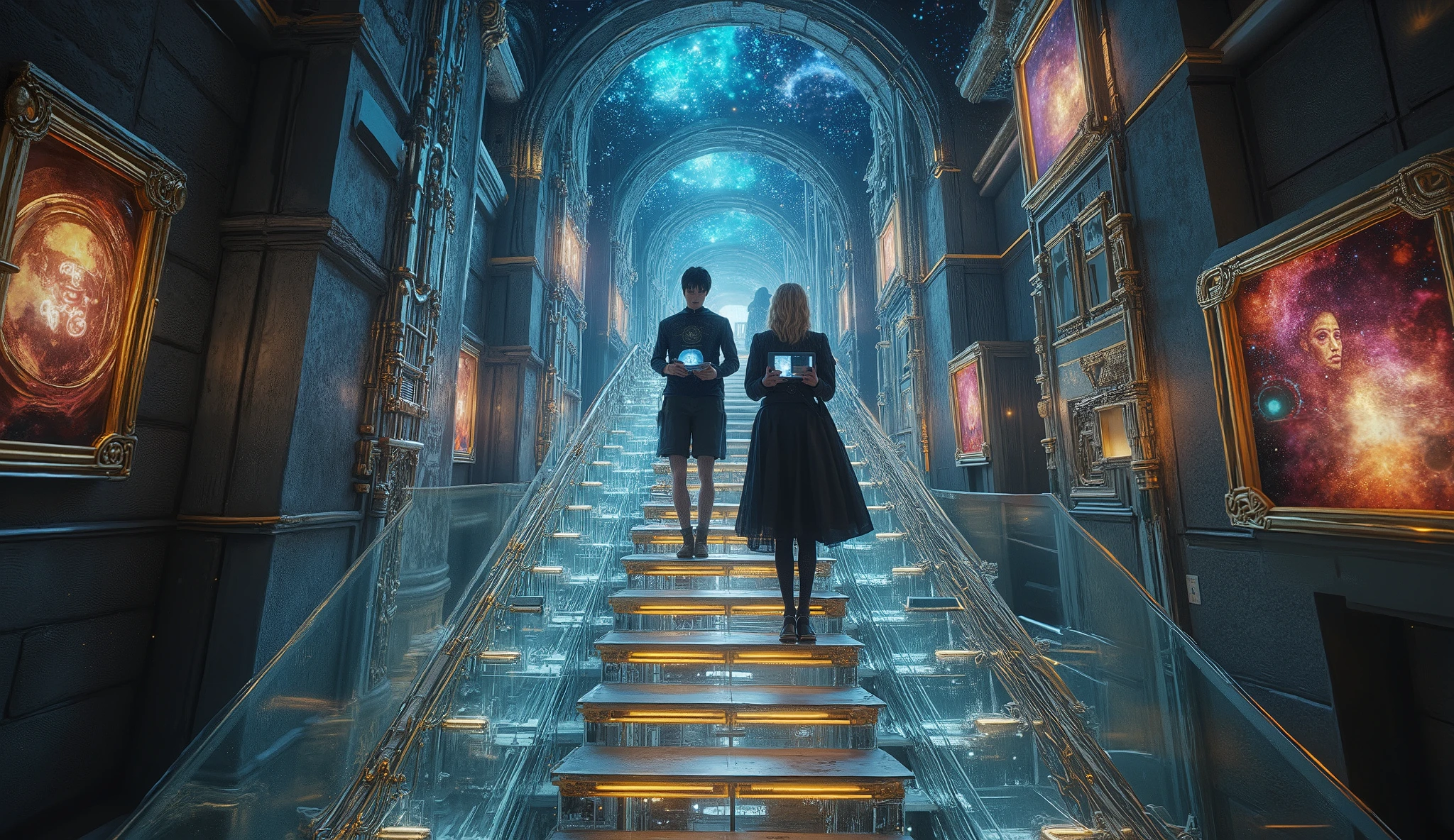 Moving stairs made of clear glass, with edges lit by a golden glow, fading and reappearing at different angles, connecting parts of Hogwarts through floating dimensional portals. These stairs appear to be suspended in mid-air, with luminous particles swirling around them as they change shape and direction. around, The walls are covered in animated portraits of historical wizards, but now projected as three-dimensional holograms that spin and watch the students as they pass by. The ceiling is a vast cosmic void displaying nebulas, stars and planets that seem to be within reach. The atmosphere is filled with a soft magical glow and a constant hum of mystical energy, as the portals flash with vibrant colors and distort the space around them upon activation. Many students walking around in futuristic clothes and tablets with holograms.