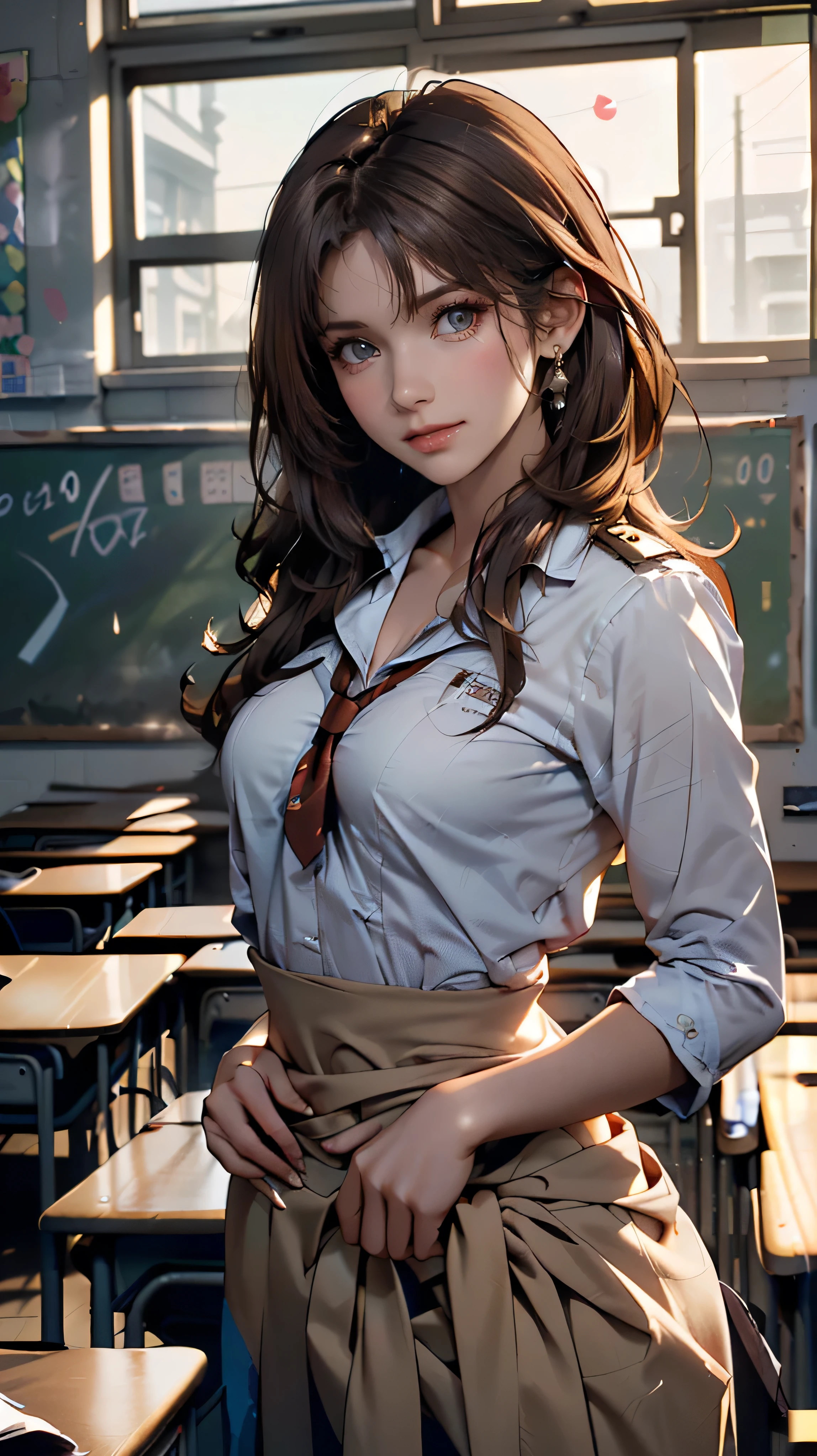 (( Masterpiece , top quality)), ( 1 girl in uniform ), (Alone), ( for women), ( , gray hair , Very long brown hair), golden eyes, Clear Smile】】】, open your mouth, dynamic angle、((Super long brown hair reaching to her waist:1.4)),((Late at night in a high school classroom:1.4))