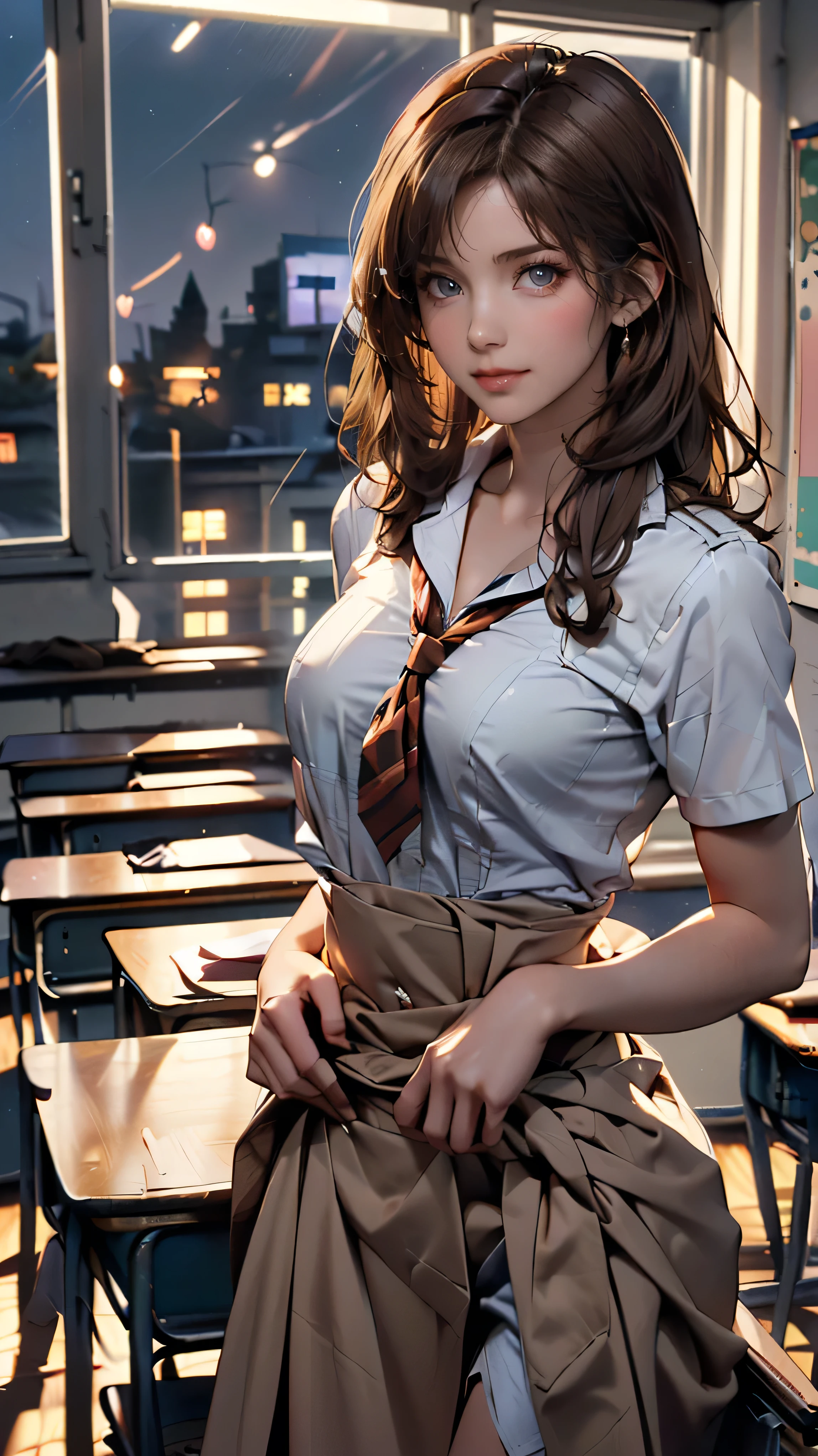 (( Masterpiece , top quality)), ( 1 girl in uniform ), (Alone), ( for women), ( , gray hair , Very long brown hair), golden eyes, Clear Smile】】】, open your mouth, dynamic angle、((Super long brown hair reaching to her waist:1.4)),((Late at night in a high school classroom:1.4))