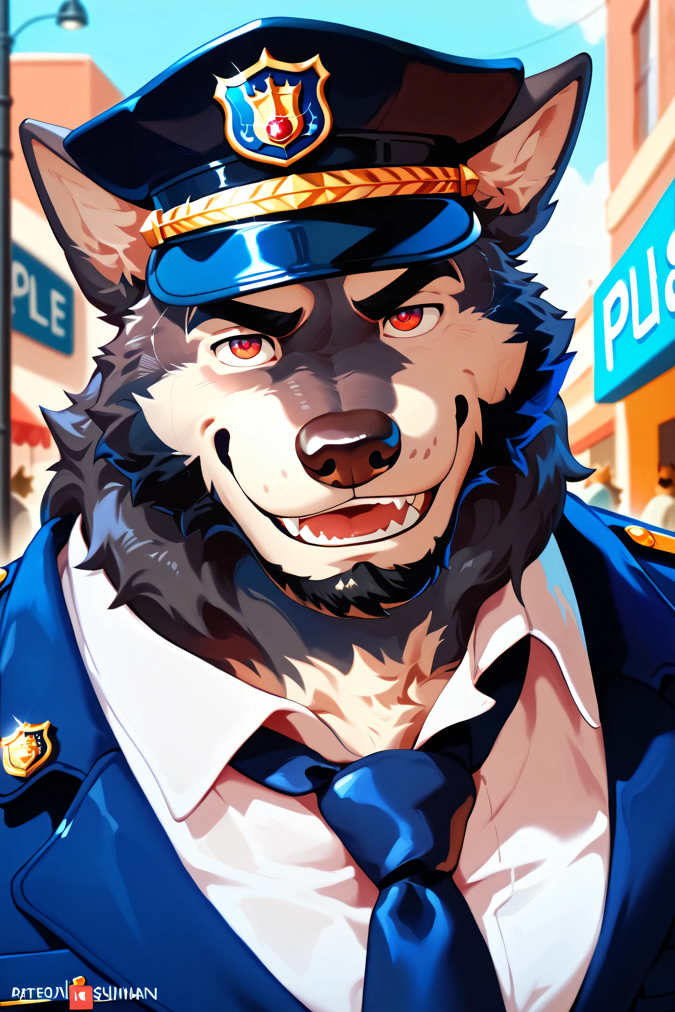 Unique , wolf, black fur, mature ,man, very fit, furry , pectoralis major muscle,Red pupil,police,Pure black ,black police cap, wear formal, mature male,Chief ,lead,Majestic,father, black fur all over,elder , black beard,Majesty temperament,Red Eyes, Black beard, stands on a street, At work,sunny, best quality, Smile,Happy, Super Detailed , close-up,background, masterpiece, Depth of Field