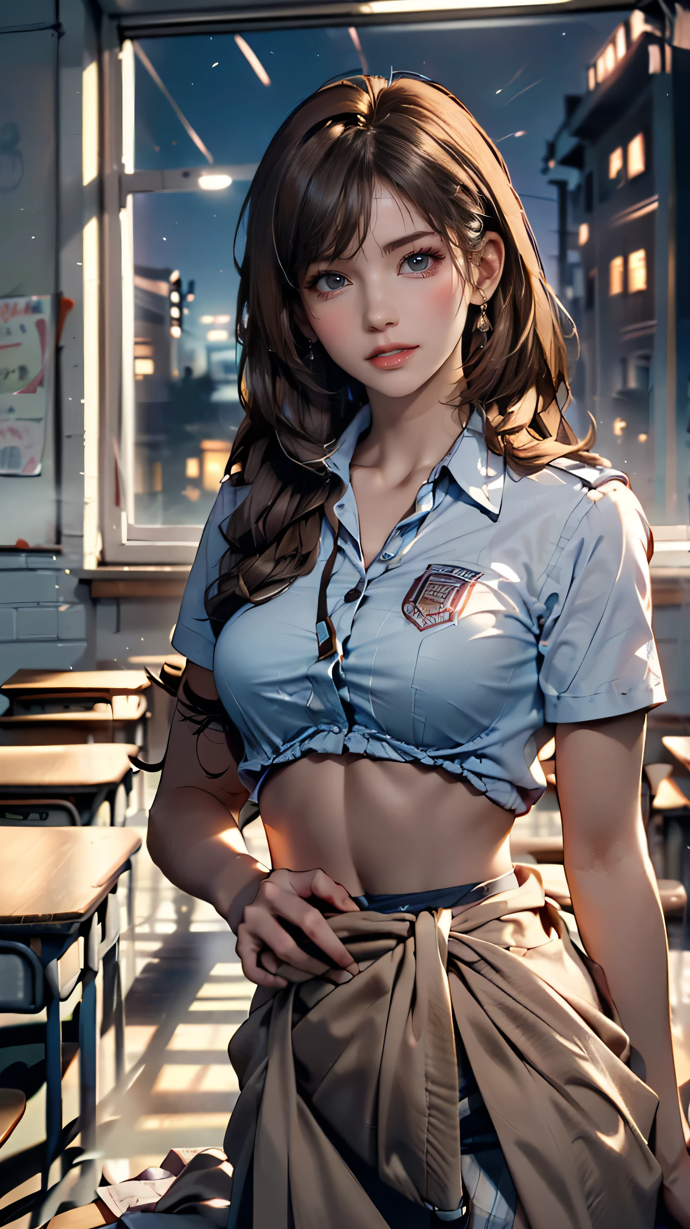(( Masterpiece , top quality)), ( 1 girl in uniform ), (Alone), ( for women), ( , gray hair , Very long brown hair), golden eyes, Clear Smile】】】, open your mouth, dynamic angle、((Super long brown hair reaching to her waist:1.4)),((Late at night in a high school classroom:1.4))