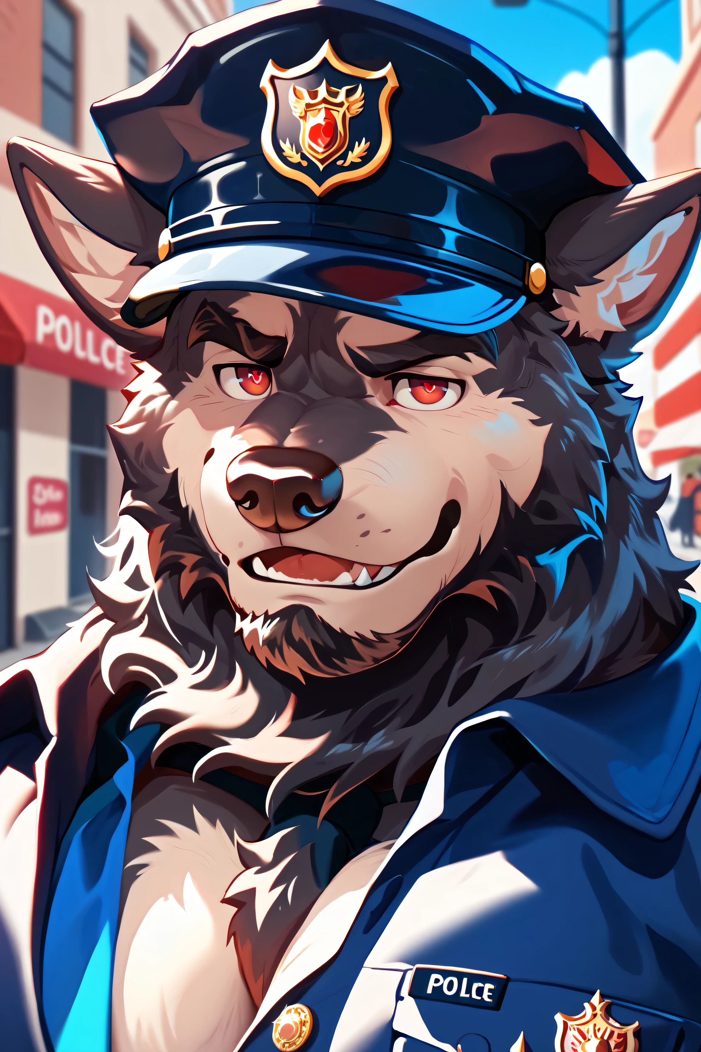 Unique , wolf, black fur, mature ,man, very fit, furry , pectoralis major muscle,Red pupil,police,Pure black ,black police cap, wear formal, mature male,Chief ,Majestic,father, black fur all over,elder , black beard,Majesty temperament,Red Eyes, Black beard, Standing on a street , sunny, best quality, Super Detailed , close-up, close-up,background, masterpiece, Depth of Field