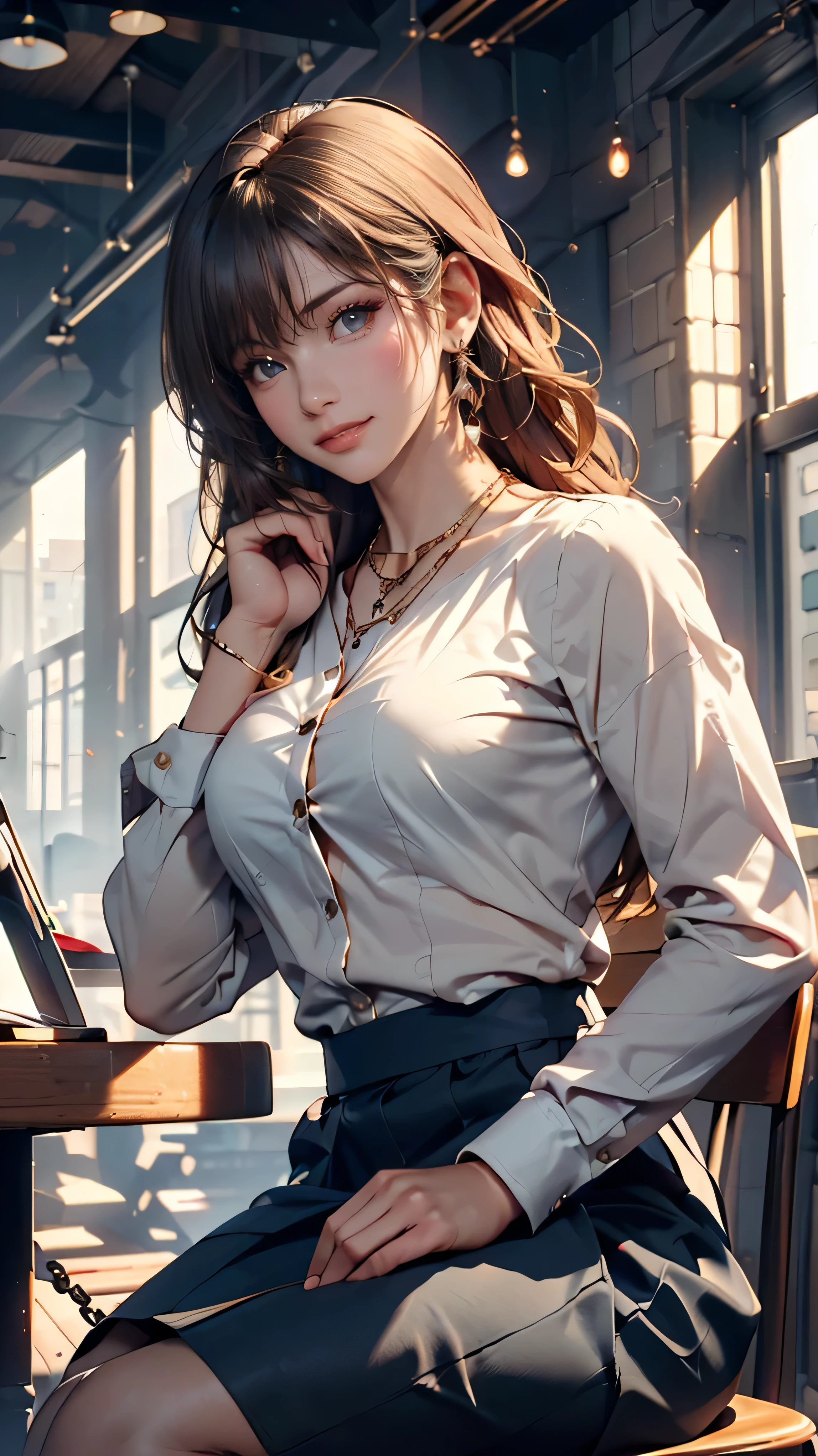 (( Masterpiece ,  top quality)), (  1 girl in uniform  ), (Alone), (  for women), ( ,  gray hair , Very long brown hair),  golden eyes, Clear Smile】】】,  open your mouth, (( whiteシャツ), ( Wear a button shirt and sit inside a building), (Gap Button)), ((  blue skirt ), (  short skirt)),  is standing, white ,  arm behind back  ,  dynamic angle、 (( Gently place your left hand on your chin :1.5))(( gold necklace _ big earrings :1.2)),((shy smile:1.5))