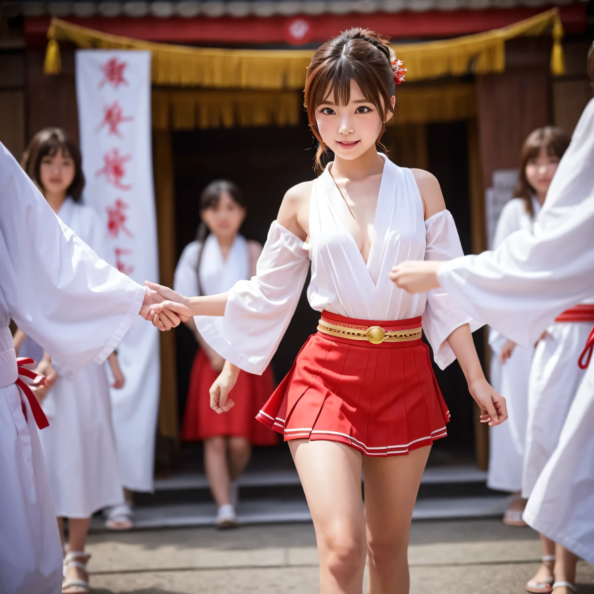 The only 18 year old shrine maiden、NSFW、Super detailed、High resolution、transcendental beauty highest quality、masterpiece、Please wear knee socks、Majimix Real、(RAW photo:1.2)、(Photoreal:1.4)、beauty in the details、and delicate expression、At a historic old shrine、(Miko's red and white uniform is torn、I can see your nipples:1.5)、Miko's red and white costume、(short pigtails hair、Bangs without gaps:1.5)、((you can see me))(squat)、eyelash、sparkling eyes、glossy lips、beautiful and detailed eyes、((Japanese beautiful girl))、very detailed expression、highly detailed face、movie lighting、positive、((dynamic pose))、((open stance))、(The front of the shrine maiden's hakama is torn.、I can see your pussy:1.8), Miko's red and white costume、(Accurately represents the shape of the female genitals:1.5), (Detailed depiction of the labia minora, vaginal opening, Detailed depiction of the clitoris:1.5), (Open your legs wide and raise your knees:1.8)、(Limb restraint:1.6)、(man's hand touches pussy:1.8)、thin legs、(Open your mouth wide and see your tongue:1.7)、panting with sexual pleasure、(feel the climax of ecstasy:1.6)、open your mouth wide and scream、shame、Cheeks flushed slightly、Heartbreaking cry