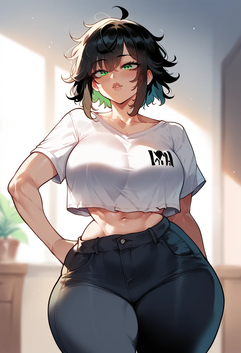 (masterpiece), best quality, expressive eyes, perfect face, black hair, messy hair, bangs, asymmetrical hair, green eyes, big breasts, fit vody, hourglass figure, wide hips, toned, busty, busty thighs, cleavege, decolette, collarbone, oversized t-shirt, crop top overhang, high waisted trousers, pants covering midriff