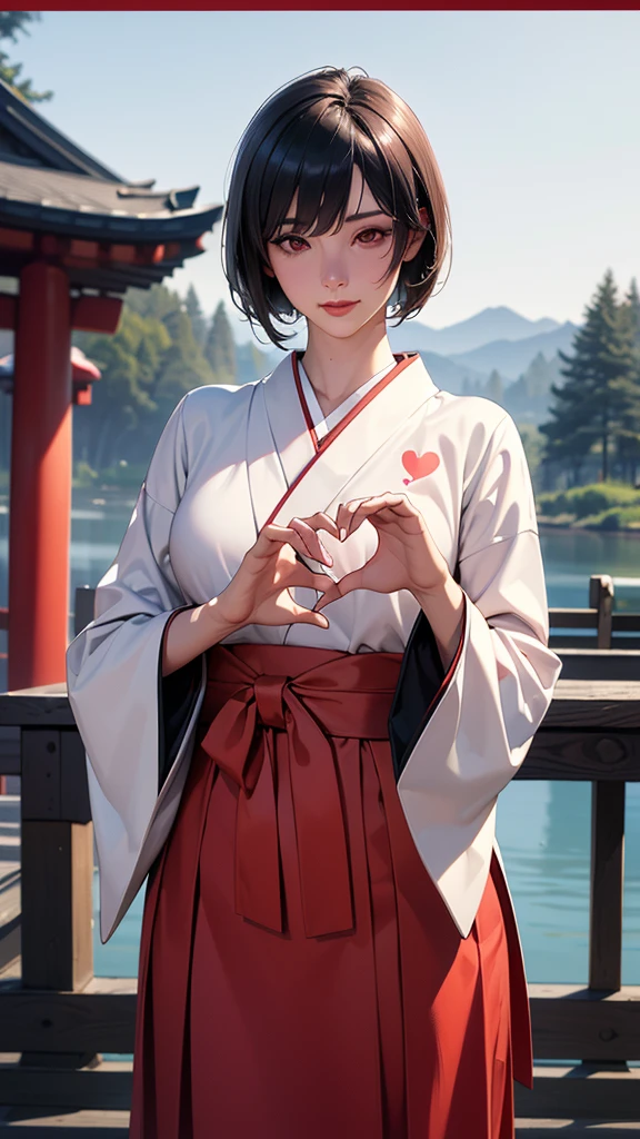 Alone, a bewitching Japanese shrine maiden, miko clothes, heart shaped hands, heart hands, ((happy new year, new year celebration), Japanese shrine at early morning, haze, A mysterious and breathtaking beautiful lake),(A woman, ((heart shaped hands)) , standing at beautiful Japanese Shrine), (((heart shaped hands))), celebrating for A new year, beautiful black hair, (sleek short bob cut, thin , smooth, bangs), fair skin, detailed beautiful skin, captivating perfect face, narrow face shape, narrow sharp eyes, beautiful royal red eyes, beautiful nose, red lipstick, elegant makeup, faint smile, athlete body, middle breasts, anatomically correct body description, wearing, beautiful and intricate, miko clothes, long sleeves, Long Hakama, Japanese shrine maiden, perfect description, perfect cinematic lighting, perfect shadows, depth of field, perfect painting of the moment, ( 謹賀新年 is texted in wooden board,  intricate accurate background, beautiful lake, ((early morning, daybreak, morning haze, mysterious)), ), (best quality, 4K, 8k, incredibly absurdres , masterpiece:1.2),ultra-detailed, (realistic, photorealistic, photo-realistic:1.37),HDR,UHD, cinematic lighting, best lighting allocation, ultra-fine painting, sharp focus, anatomical perfect rendering, extreme detail description, professional, optimized vibrant colors,  heart hands , own hands together