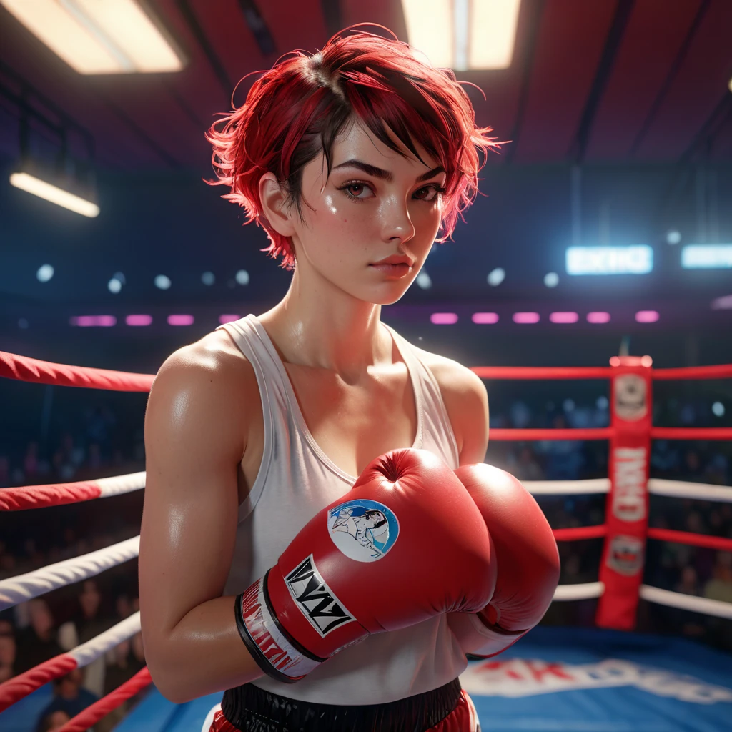 high quality,HD,16k,sharp lines,1 girl,Female boxing athlete ,cute face, large breasts, nice legs,At the boxing venue,focus girl,detailed beautiful face,detailed clothes,beautiful eyes,cool,dynamic angle