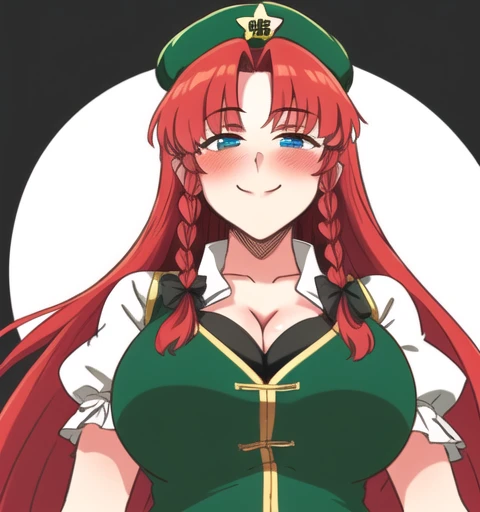 hong meiling, 1girl, long hair, red hair, blue eyes, big breasts, cleavage, green vest, short-sleeves, green beret, smile, closed mouth, blush, looking at the viewer, (simple black background), dark, view from below,