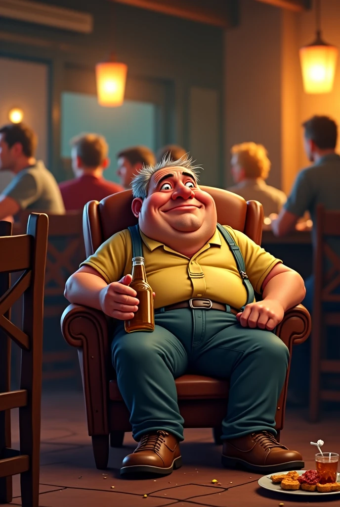 personagem dos desenhos animados de um homem com cabelo escuro levemente ondulado, com um cavanhaque, possuindo um brinco dourado na orelha esquerda, olhos castanhos escuro, camiseta preta segurando um copo de cerveja em um bar de estilo vintage, animation character, Caractere estilizado, animation style rendering, 3d estilizado, Arnold Maya render, 3d rendering stylized, toon render keyshot, Personagem 3D, Personagem 3D, stylized 3d rendering, 3D character rendering, personagem de desenho animado,0 Pose de Personagem, (Estilo Pixar) (master part:1.2) (Bokeh) (best quality) ( pele detalhada) (textura detalhada) (8k) (argila) (Yellowish cinematic lighting) (foco nítido, Estilo disney da Pixar.