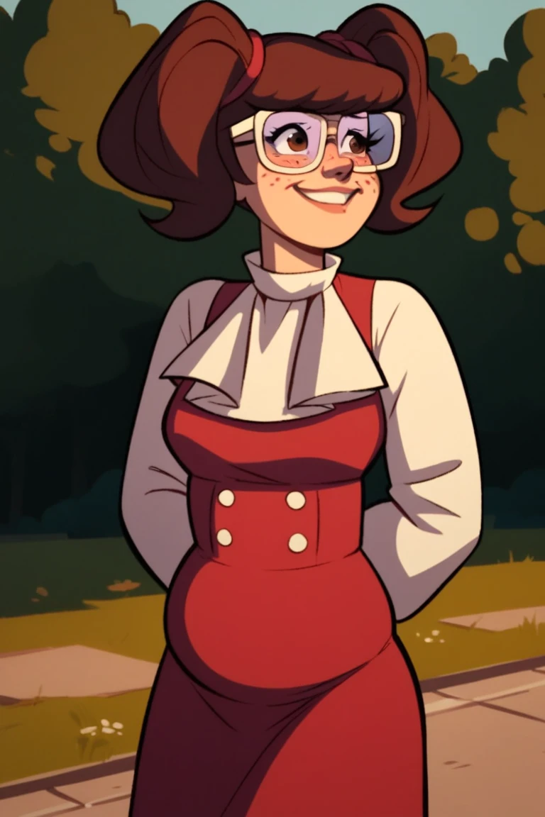 score_9, score_8_up, score_7_up, BREAK, madelyn, brown hair, twintails, glasses, red dress, long sleeves, ascot, outdoors, smiling, shy, freckles, brown eyes, hands behind back, chubby