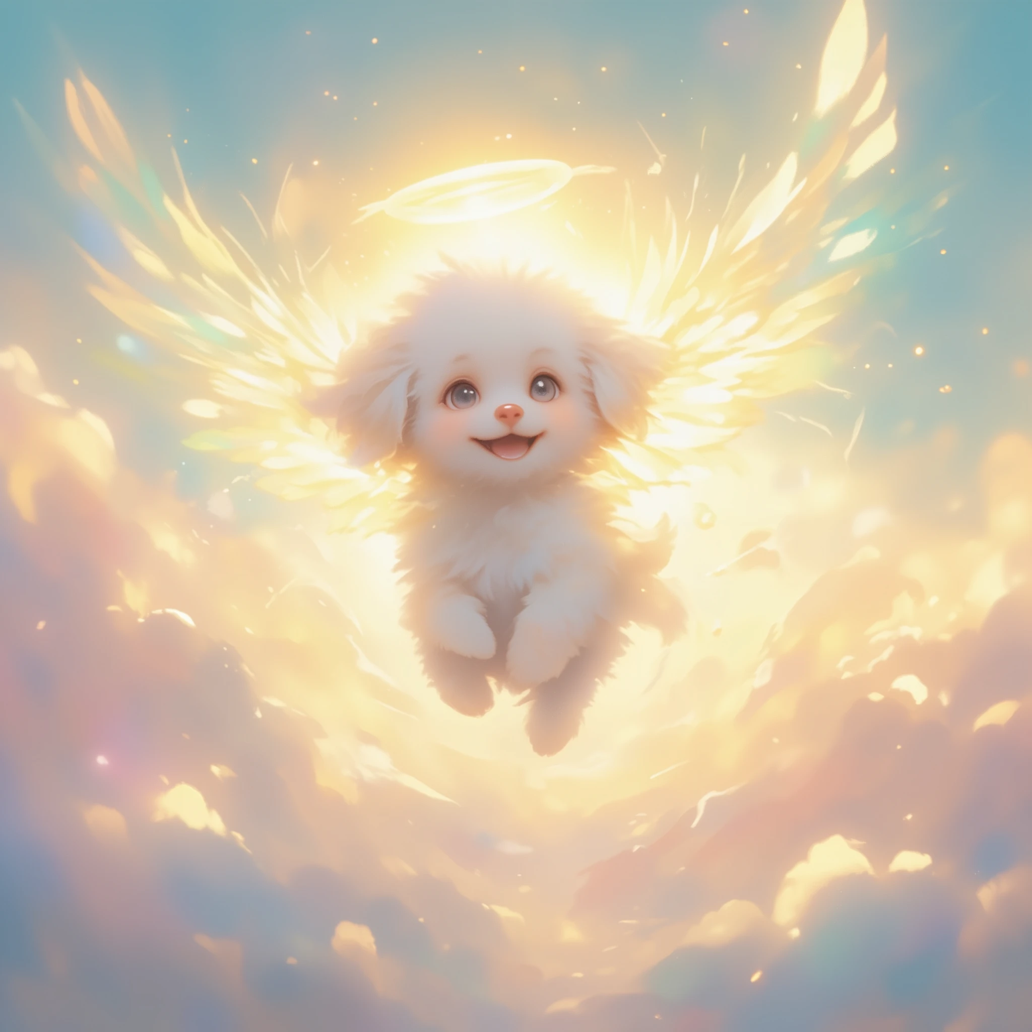 a Cute white puppy with fluffy, pure white fur, smiles happily, soft golden light surrounds the puppy, giving it a warm, peaceful glow. Wings float in the air and the sky is painted in soft pink, blue, and gold pastel colors, evoking a sense of serenity and eternal peace, The atmosphere is serene, heavenly, and filled with a loving, heavenly presence.