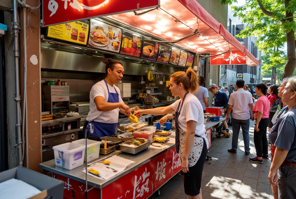 {{A ((vibrant and artistic)) depiction of {((a quaint street food stall with colorful umbrellas and fresh produce))}}} with {((a vendor preparing food while customers chat cheerfully nearby))}. This is a {((surrealism-meets-realism))}-inspired image that showcases {((the charm and allure of street food culture))}. The environment/background should be {((outdoor, set in a quaint street with cobblestones and dappled sunlight filtering through trees))} to create an {((inviting and whimsical))} atmosphere. The image should be in the style of a {((digital illustration))}, incorporating elements of {((modern Impressionism and studio Ghibli-inspired visuals))}. The {((wide-angle shot))}, captured with a {((35mm lens))}, will provide a {((dynamic and immersive view))}. The lighting should be {((soft and natural))}, emphasizing {((the interplay of light and shadow on the colorful scene))}. The desired level of detail is {((highly intricate))} with a {((high-resolution, 8K))} resolution, highlighting {((textures of ingredients, the expressions of people, and the vibrant colors of the scene))}. The goal is to create a {((delightfully nostalgic))} image that enchants viewers with its {((blend of realism and artistic flair))}.