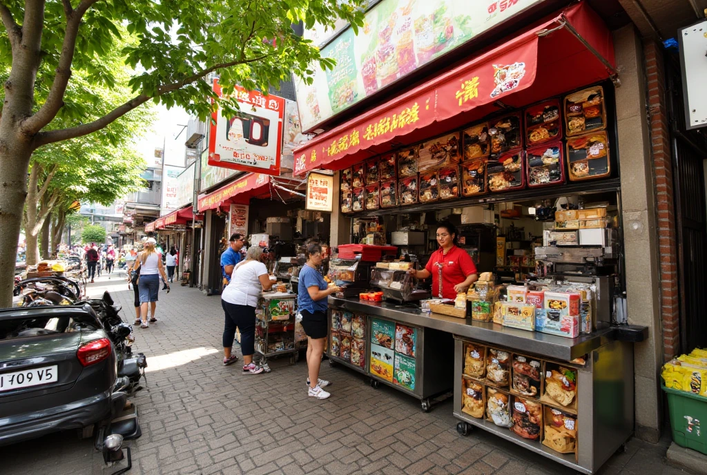 {{A ((vibrant and artistic)) depiction of {((a quaint street food stall with colorful umbrellas and fresh produce))}}} with {((a vendor preparing food while customers chat cheerfully nearby))}. This is a {((surrealism-meets-realism))}-inspired image that showcases {((the charm and allure of street food culture))}. The environment/background should be {((outdoor, set in a quaint street with cobblestones and dappled sunlight filtering through trees))} to create an {((inviting and whimsical))} atmosphere. The image should be in the style of a {((digital illustration))}, incorporating elements of {((modern Impressionism and studio Ghibli-inspired visuals))}. The {((wide-angle shot))}, captured with a {((35mm lens))}, will provide a {((dynamic and immersive view))}. The lighting should be {((soft and natural))}, emphasizing {((the interplay of light and shadow on the colorful scene))}. The desired level of detail is {((highly intricate))} with a {((high-resolution, 8K))} resolution, highlighting {((textures of ingredients, the expressions of people, and the vibrant colors of the scene))}. The goal is to create a {((delightfully nostalgic))} image that enchants viewers with its {((blend of realism and artistic flair))}.