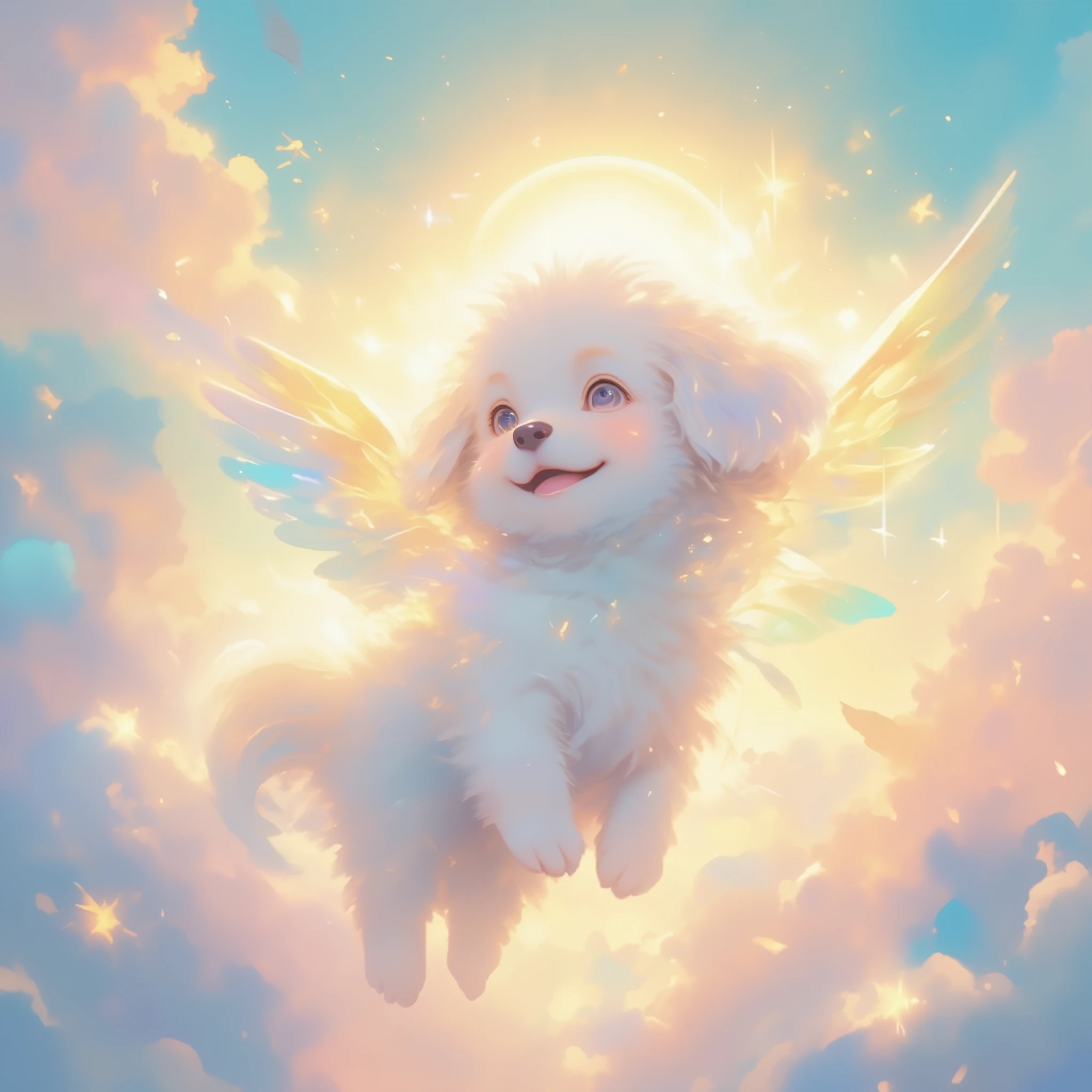 a Cute white puppy with fluffy, pure white fur, smiles happily, soft golden light surrounds the puppy, giving it a warm, peaceful glow. Wings float in the air and the sky is painted in soft pink, blue, and gold pastel colors, evoking a sense of serenity and eternal peace, The atmosphere is serene, heavenly, and filled with a loving, heavenly presence.