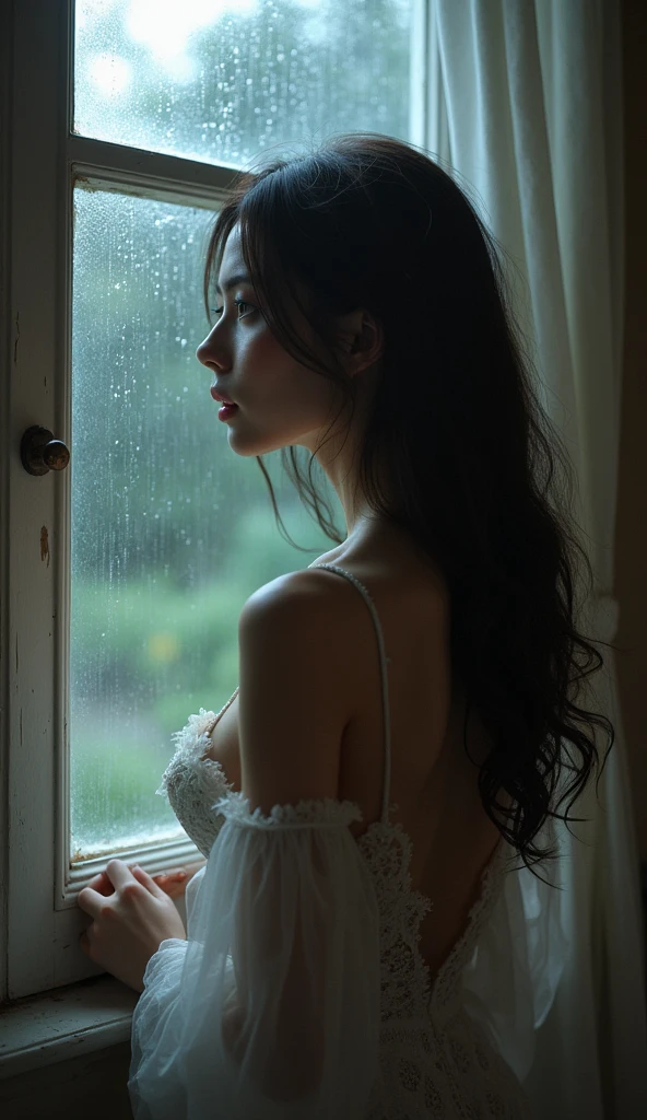 ((top quality, 8k, masterpiece: 1.3)), women (full body portrait, front, babydoll wearing, wet clothes, big breasts, cleavage),sea rocks, climbing pose, activewear, overhead camera, sharp focus: 1.2, cute women: 1.4, (((hairstyle random)), wet hair, very detailed face and skin and hair texture, detailed eyes, double eyelids, white skin, beautiful delicate nose, Cute young Japan woman, 28 years old, at a dynamic angle, is pleasing to the eye and suggestive composition, emphasizing the subject's hair, eyes, mouth and action, while exuding melancholy emotions characterized by a contrasting mix of muted tones and light and shadow,