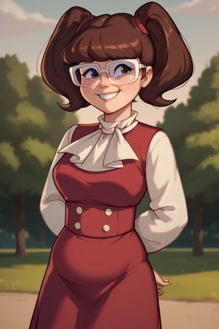score_9, score_8_up, score_7_up, BREAK, madelyn, brown hair, twintails, glasses, red dress, long sleeves, ascot, outdoors, smiling, shy, freckles, brown eyes, hands behind back, chubby