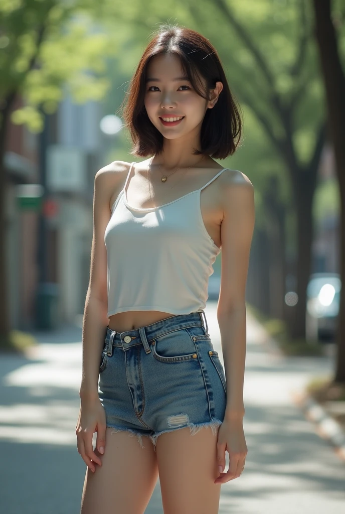 Best image quality、Ultra-high resolution、Tabletop、Photo quality(Realistic:1.8)、pores、Accuracy、Japanese women、23-year-old girl、Black-haired、cuteえくぼ、Young Face、cute、Short Bob、Slender girl、Small breasts、 Flat Chest、To the camera、Turn your body forward、Gravure Beautiful Girl、Sitting、whole body、Lawn garden、Blue Tank Top、Denim pants、White Converse、blue sky、White cloud、Light of the sun、Reflective plate、Navy blue、 Protruding、Laughing with your mouth open、White teeth、Happily、Look straight ahead、