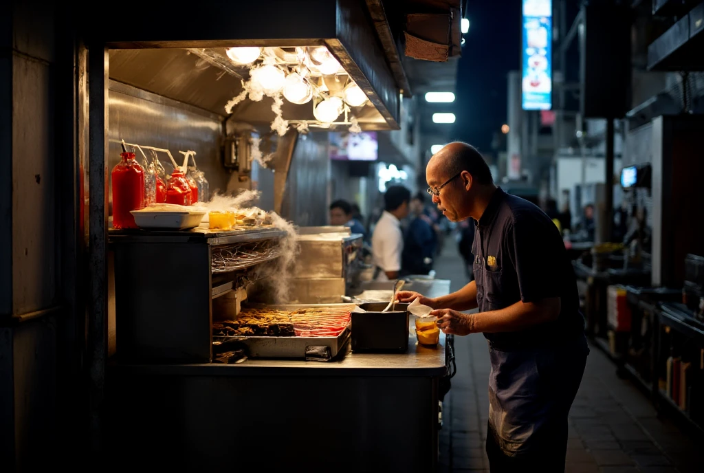 {{A ((gritty and atmospheric)) depiction of {((a late-night street food stall in an urban alley))}}} with {((smoke curling up from skewers, a solitary vendor working, and faint graffiti in the background))}. This is a {((neo-noir))}-inspired image that showcases {((the raw and authentic side of city street food culture))}. The environment/background should be {((outdoor, in a dimly lit alley with moody shadows and urban grit))} to create an {((intense and mysterious))} atmosphere. The image should be in the style of a {((fine art photograph))}, incorporating elements of {((noir photography and contemporary urban realism))}. The {((close-up shot))}, captured with a {((135mm medium telephoto lens))}, will provide a {((intimate and detailed perspective))}. The lighting should be {((low-key with dramatic contrasts))}, emphasizing {((the glow of the food stall against dark surroundings))}. The desired level of detail is {((meticulous and hyperreal))} with a {((4K cinematic))} resolution, highlighting {((smoke, textures of the food, and the vendor’s silhouette))}. The goal is to create a {((striking and evocative))} image that resonates with viewers through its {((raw authenticity and visual depth))}.