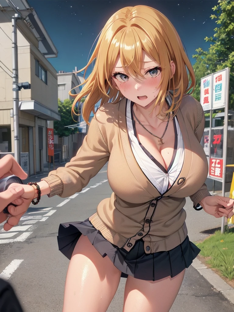 1 girl, detailed blue eyes, lange wimpern, detailed beautiful face, (very Long blonde hair:1.4), festgebunden, (arms behind back:1.6), gefesselte Arme, (blushing:1.3), (Big boobs:1.1), OTN, White OTN gag, Gag, gagged, bound knees and ankles, shibari over clothes, (black skirt, White Bikini top, black high heels:1.4), standing in a beach Club, tied gag, near the viewer