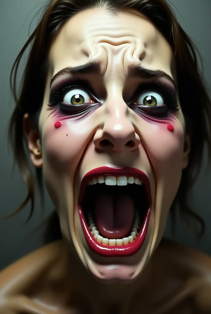 A split image,  showing a woman, simultaneously: smiling,  crying, screaming and angry 