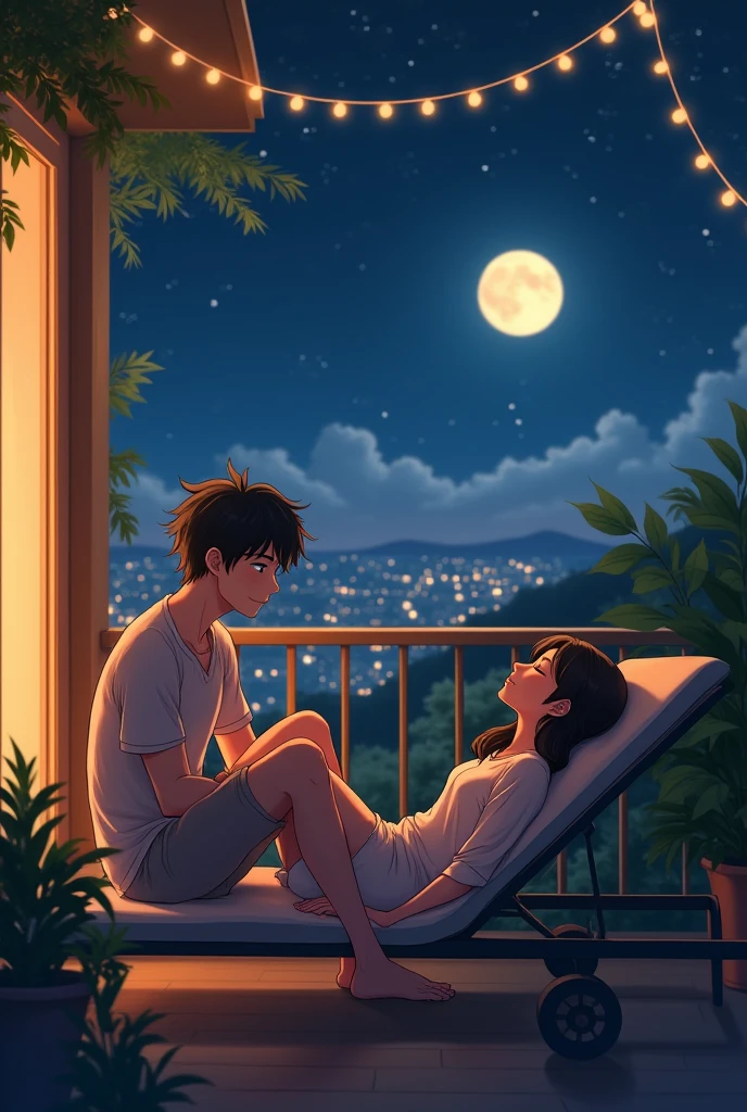 Man and woman couple silhouette、The woman is wearing a T-shirt and underwear、Man in tank top、Back view、Sitting in bed looking at the full moon outside the window、The woman's neck is leaning on the man's shoulder、Moonlight silhouette、night、Inside the room、Outside the big window, there is a full moon、City street lights、river、Romantic mood、Moon River、