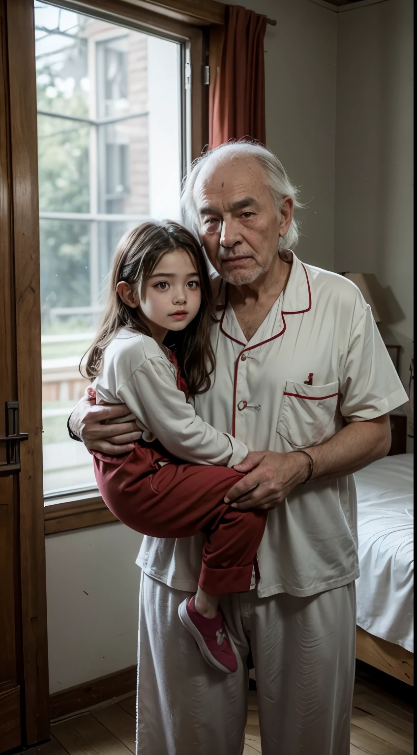 Old man and young girl, old man 80 year old, young girl 18 year old, young girl brow long hair, young girl Naked, Red lips, old man Wearing pijamas, old man carrying couple young girl, full body view, background bedroom.