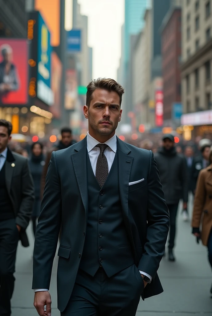 (masterpiece) (high resolution) (best quality) Ryan gosling opens his Shirt off in a front of a group Men. Wearing just a suit without a shirt underneath. He gets attention. He is just walking through them on a Street. Everyone wants to interact with ryan. He wears a paded coat with no Shirt inside 
