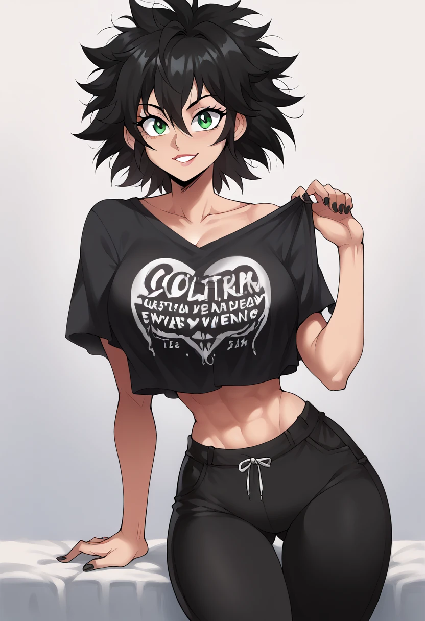 (masterpiece), best quality, expressive eyes, perfect face, black hair, messy hair, bangs, asymmetrical hair, green eyes, big breasts, fit vody, hourglass figure, wide hips, toned, busty, busty thighs, cleavege, decolette, collarbone, oversized t-shirt, crop top overhang, super high waisted pants, midriff covered by pants, EchoSaber