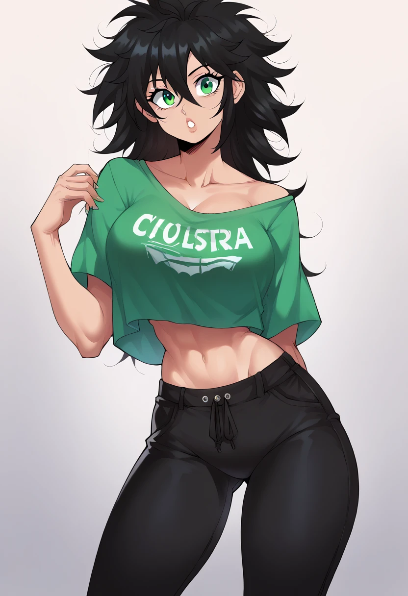 (masterpiece), best quality, expressive eyes, perfect face, black hair, messy hair, bangs, asymmetrical hair, green eyes, big breasts, fit vody, hourglass figure, wide hips, toned, busty, busty thighs, cleavege, decolette, collarbone, oversized t-shirt, crop top overhang, super high waisted pants, midriff covered by pants, EchoSaber