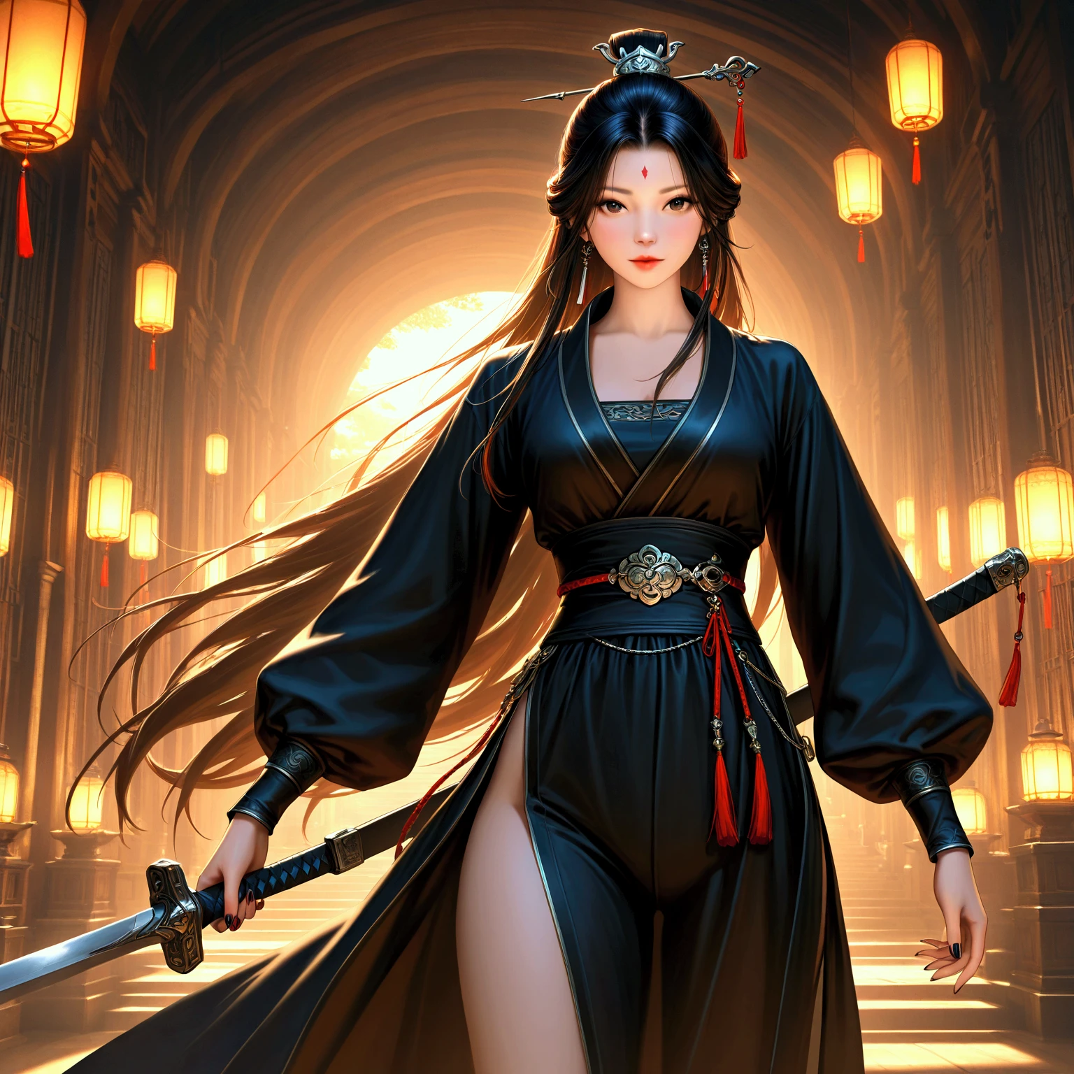 gufeng, guofeng, chinese clothes, black hanfu, 1girl, solo, nail polish, from viewer,  cowboy shot, 
masterpiece, best quality, realistic, 8k, official art, cinematic light, ultra high res, perfect female body, sharp focus, 
HDR, 8k, amazing quality, very aesthetic, absurdres, newest, (volumetric lighting), photorealistic, photo background, detailed skin, detailed eyes, detailed hair, fantasy,  Sword, 